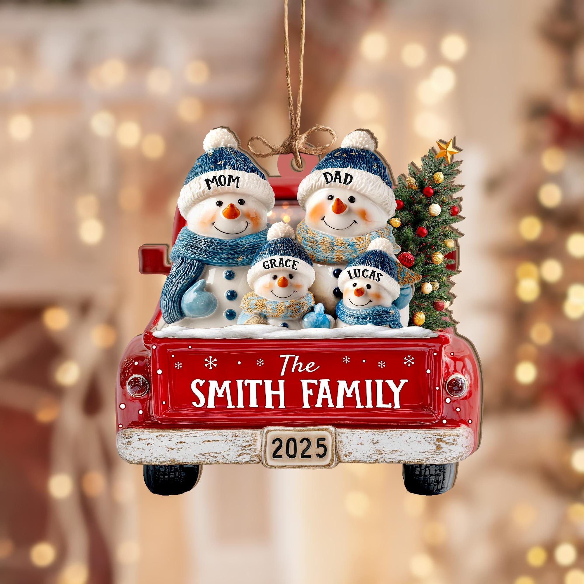 Personalized Snowman Family Ornament, Custom Family Of 3 4 5 6 Christmas Ornament, Red Truck Christmas Ornament, Christmas Tree Decor