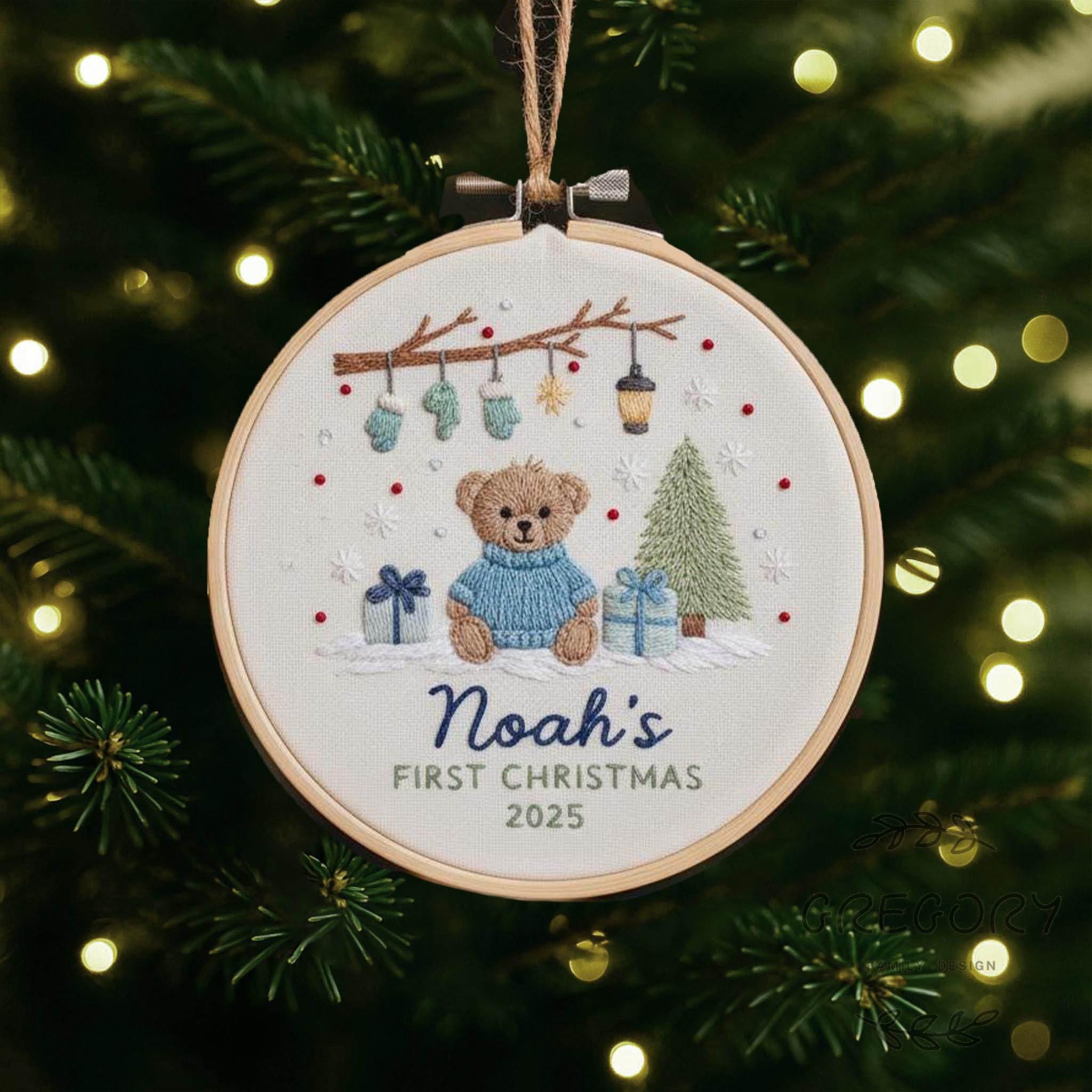 Personalized Embroidered Bear Baby's First Christmas Ornament, Custom Unique Gift for New Baby, Christmas 2025 Gift, Holiday Decor
