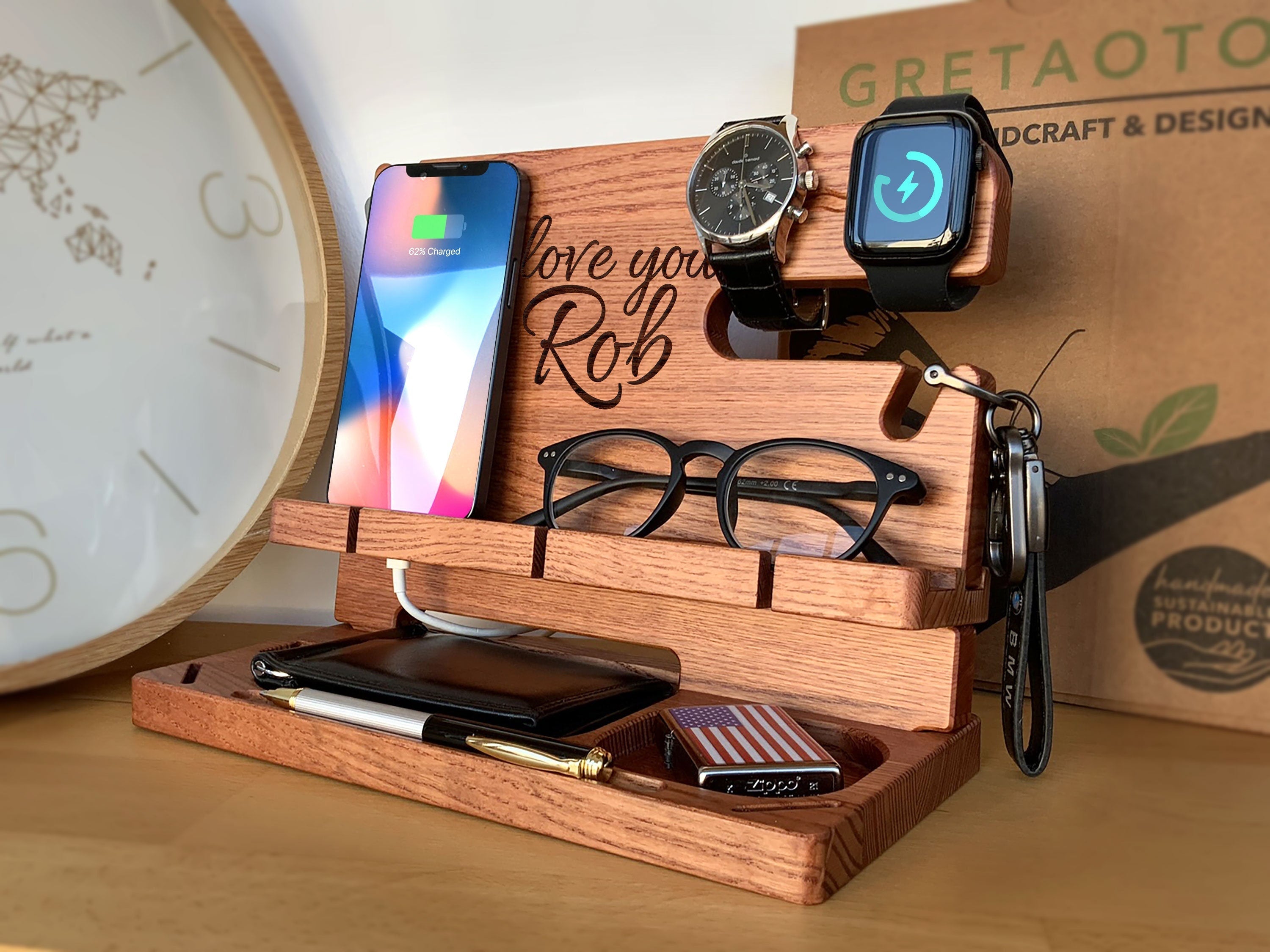 Wood Personalized Docking Station for Cell Phone, Tablet, Wallet, Gadgets, Watch, Keys, Accessories, Desk Organizer, Gifts for Men (Moroon)