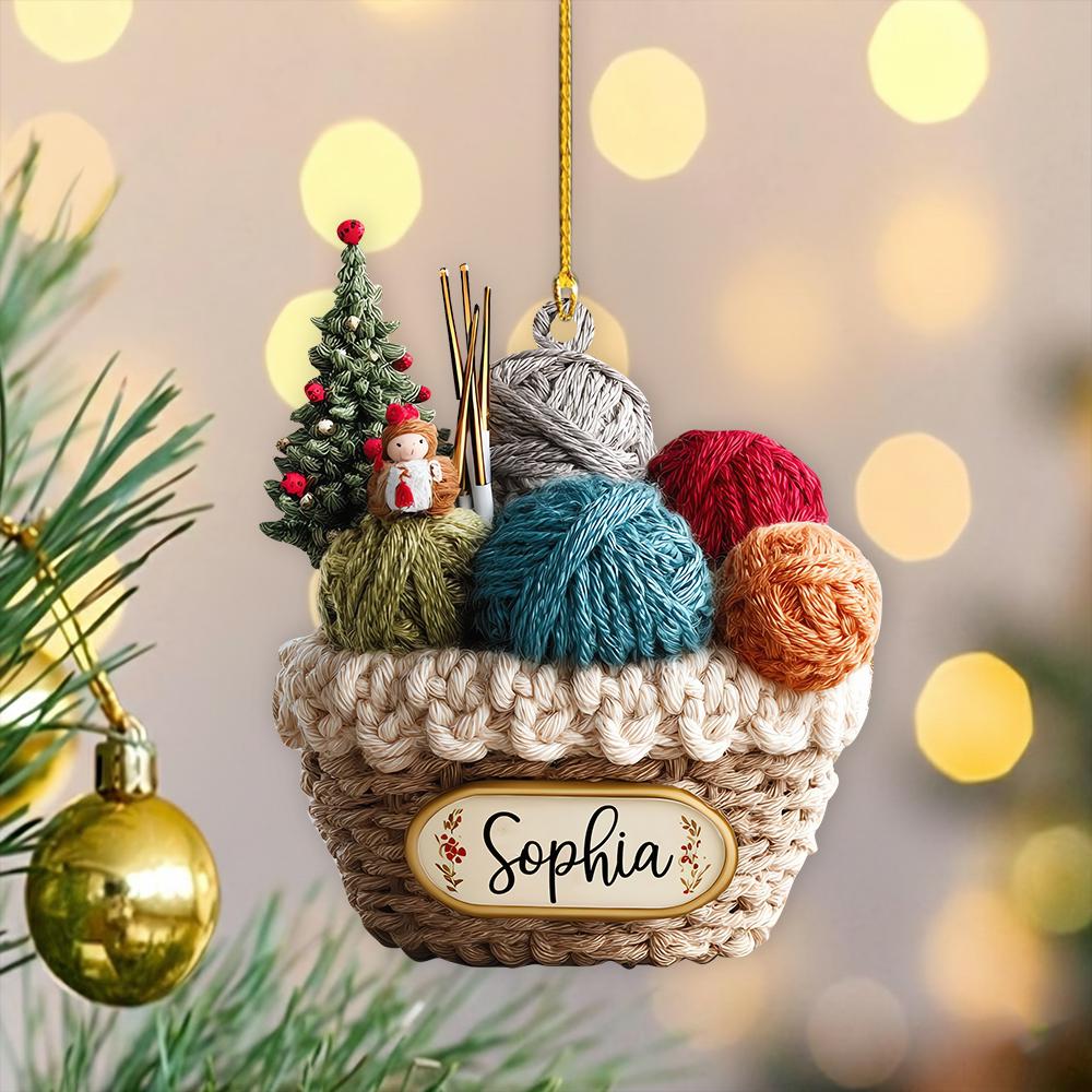 Personalized Knitting Basket Christmas Ornament, 2D Flat Acrylic Yarn Decor for Knitters, Crochet Lover Holiday Gift 2025, Knitting Gift