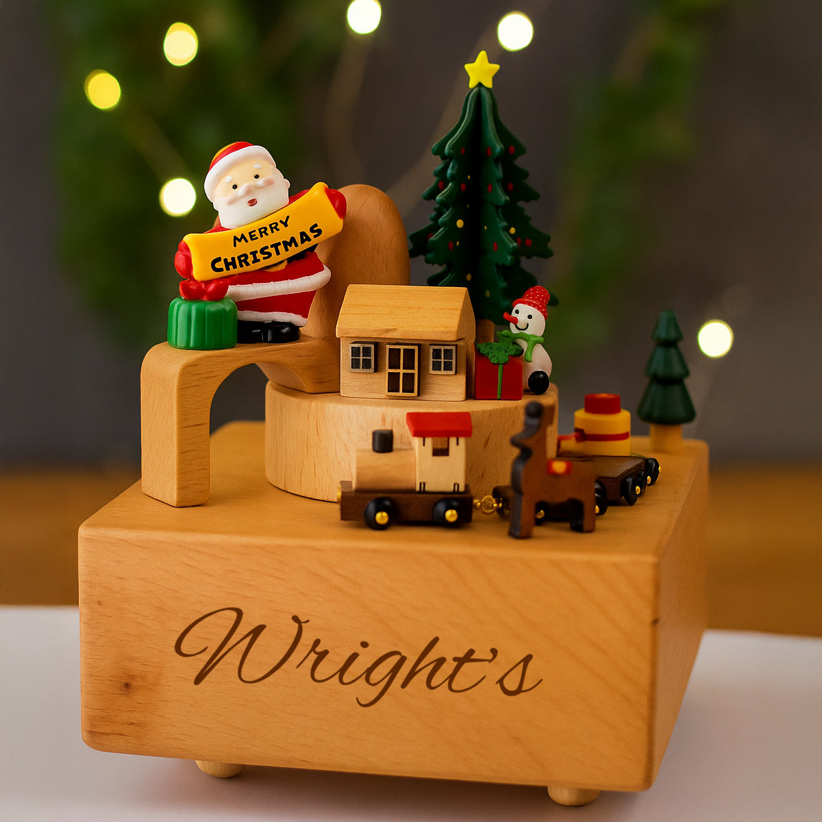 Wooden Christmas Train Castle Music Box, Personalized Engraved Keepsake Carousel Music Box