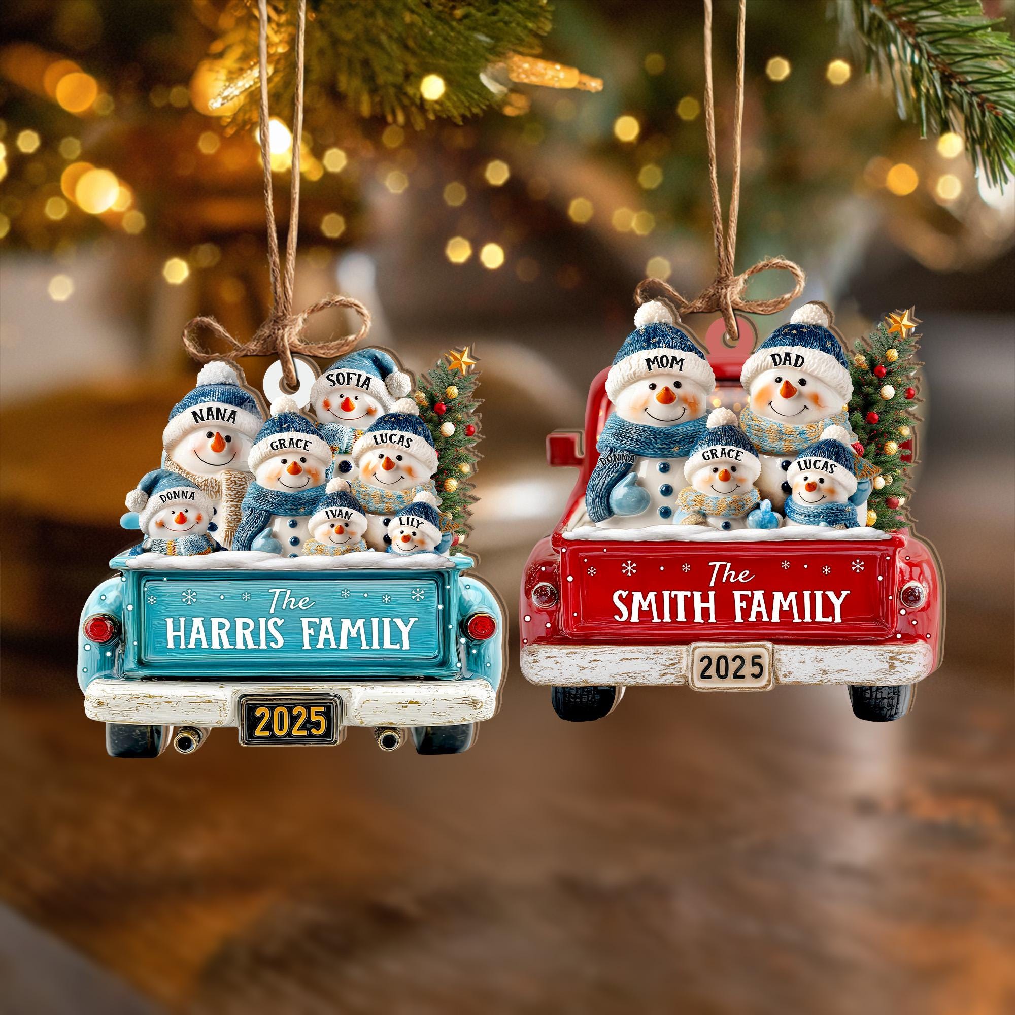 Personalized Snowman Family Ornament, Custom Family Of 3 4 5 6 Christmas Ornament, Red Truck Christmas Ornament, Christmas Tree Decor
