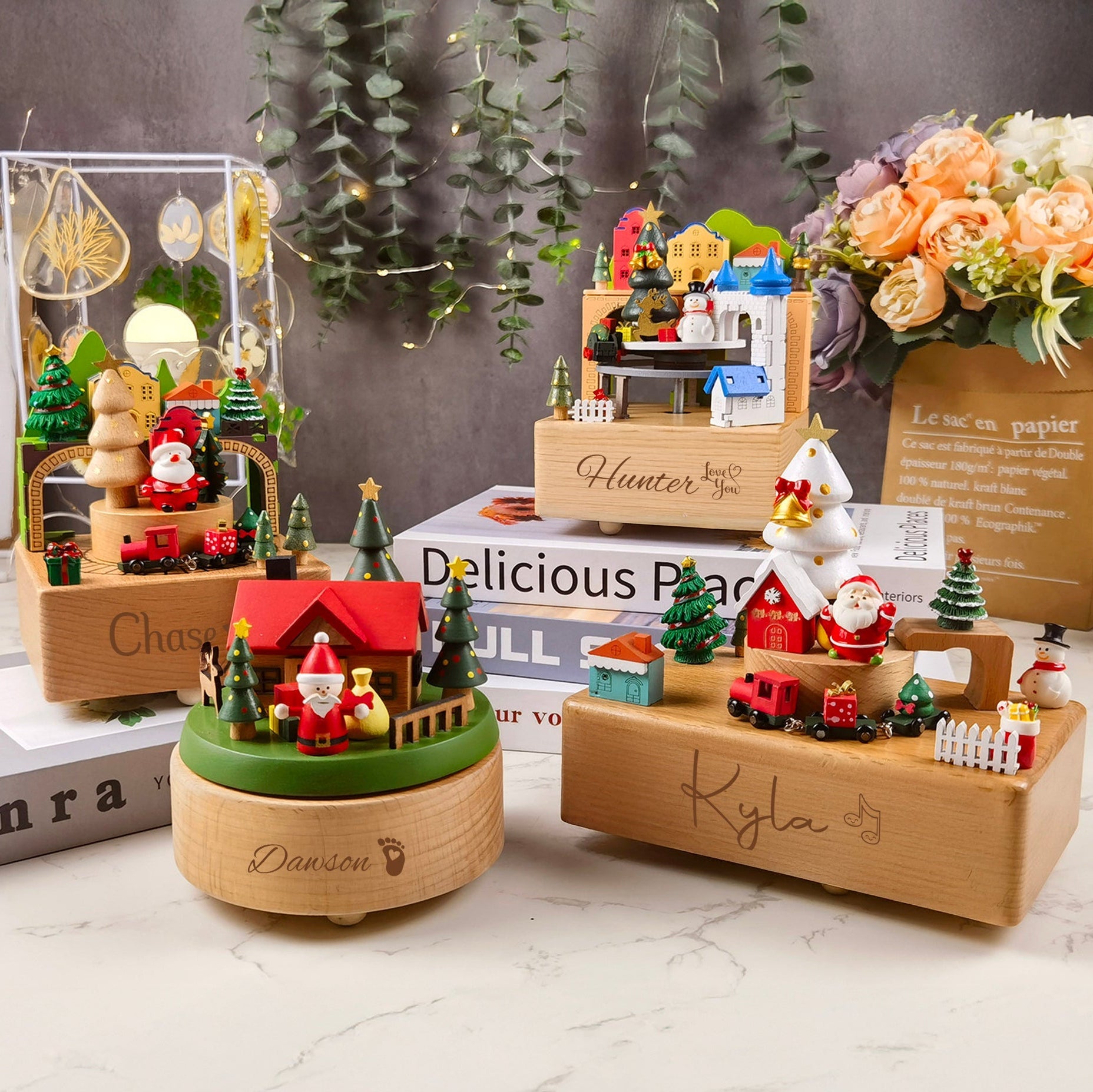 Wooden Christmas Train Castle Music Box, Personalized Engraved Keepsake Carousel Music Box