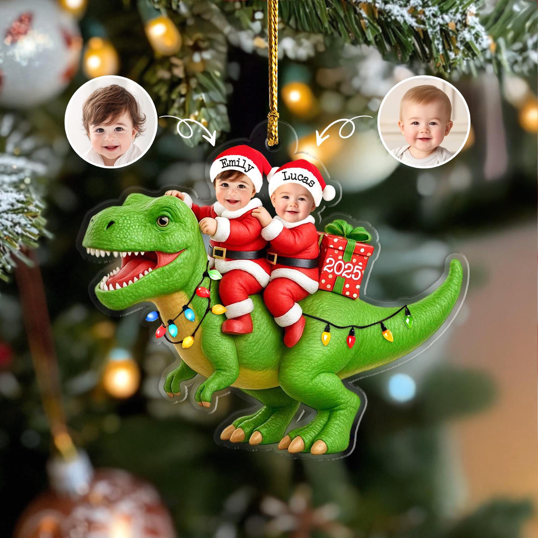 Personalized Dinosaur Christmas Ornament 2025, Custom Kids Photo Ornament, Baby Face Ornament, Grandkids Ornament, Christmas Decoration
