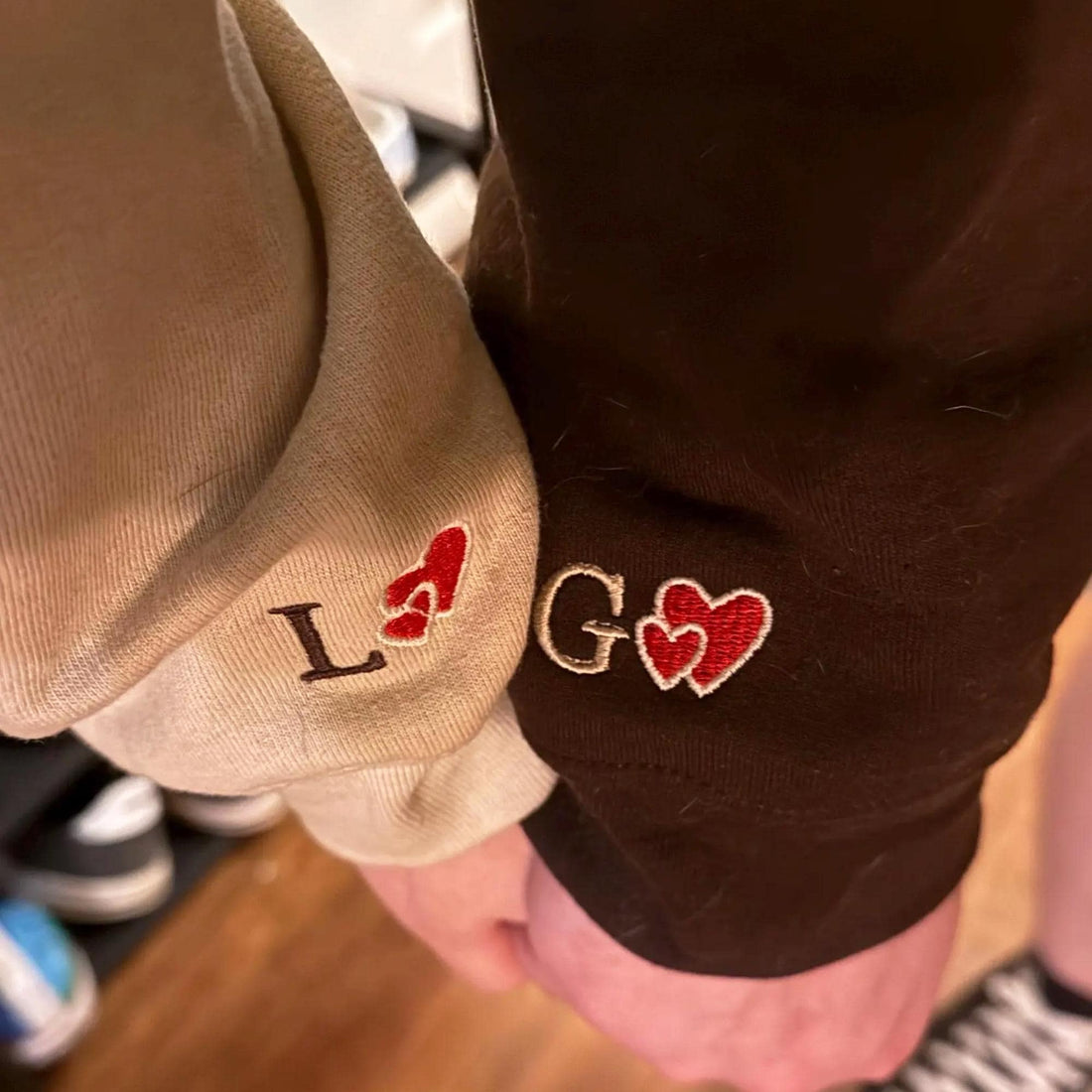 Custom Embroidered Initial Heart Hoodie On Sleeve, Personalized Initials Embroidery Sweatshirts, Matching Couples Outfit, Anniversary Gifts