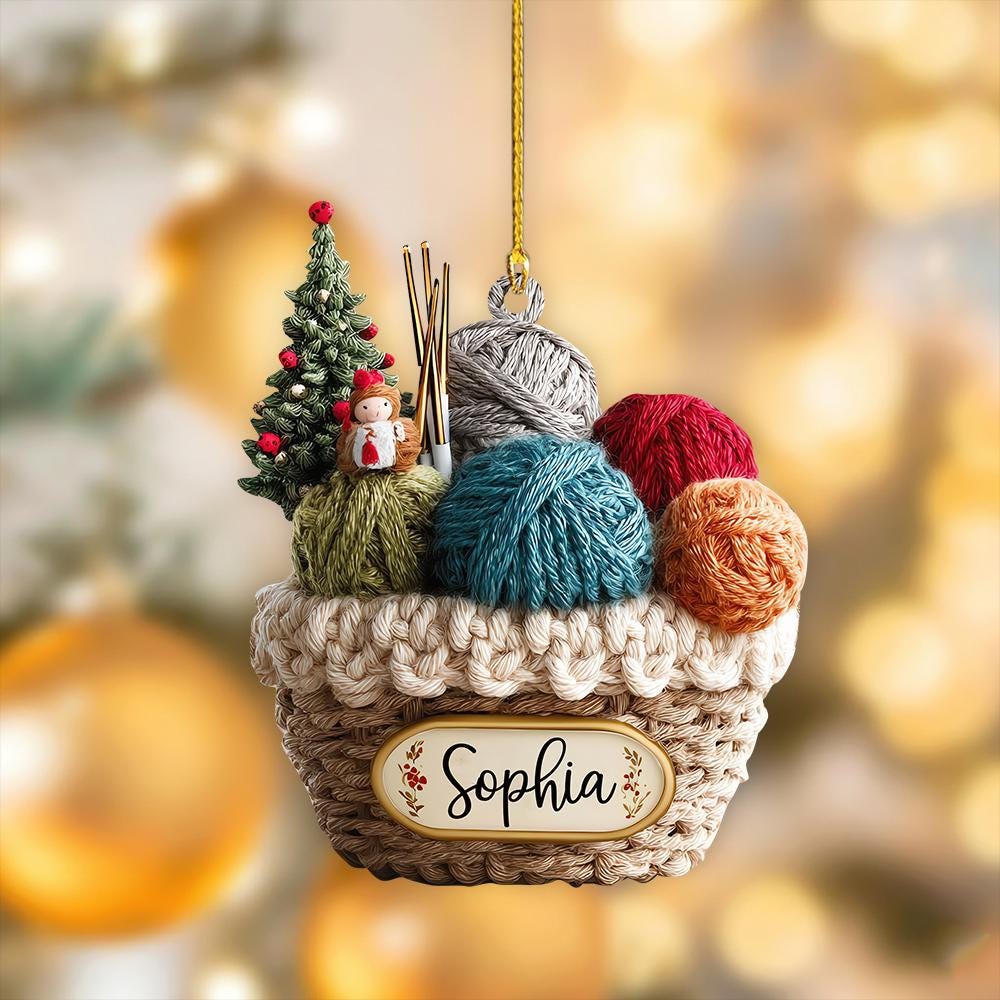 Personalized Knitting Basket Christmas Ornament, 2D Flat Acrylic Yarn Decor for Knitters, Crochet Lover Holiday Gift 2025, Knitting Gift