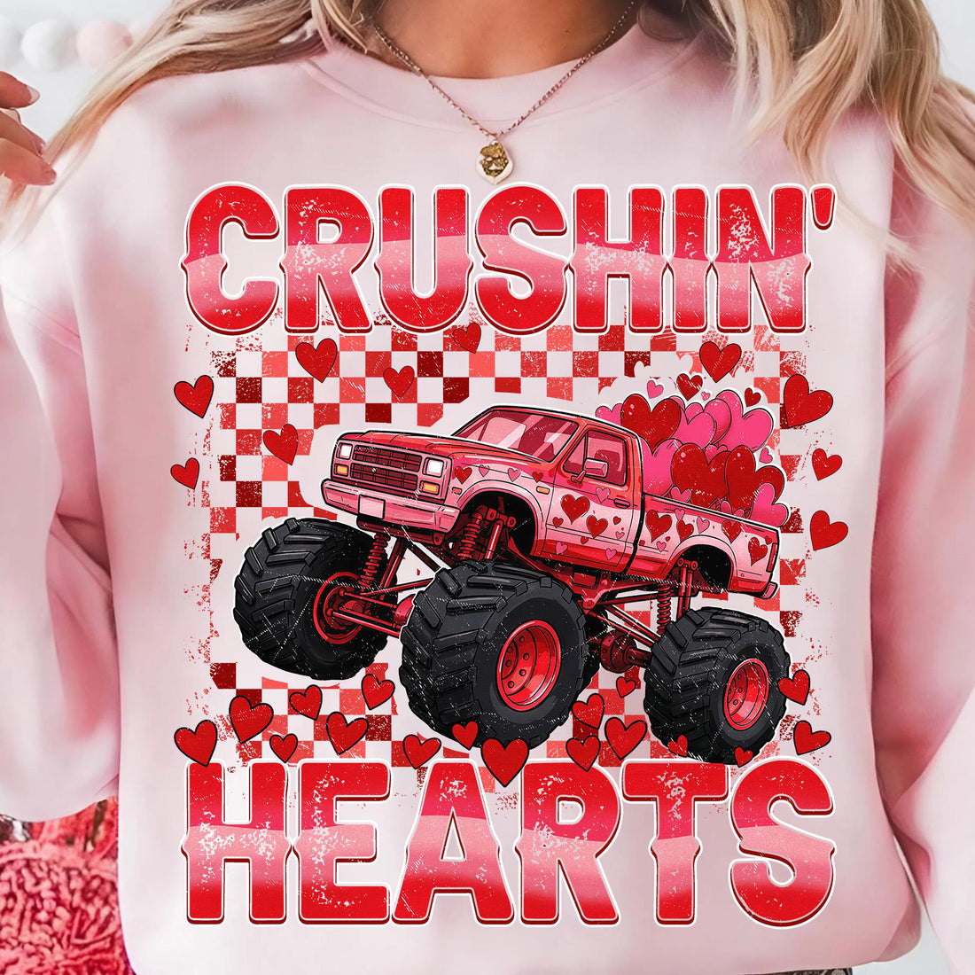 Retro Valentine Monster Truck, Checkered Crushin Hearts Toddler Shirt Design, Trendy Valentine Kids , XOXO Love VDay Png