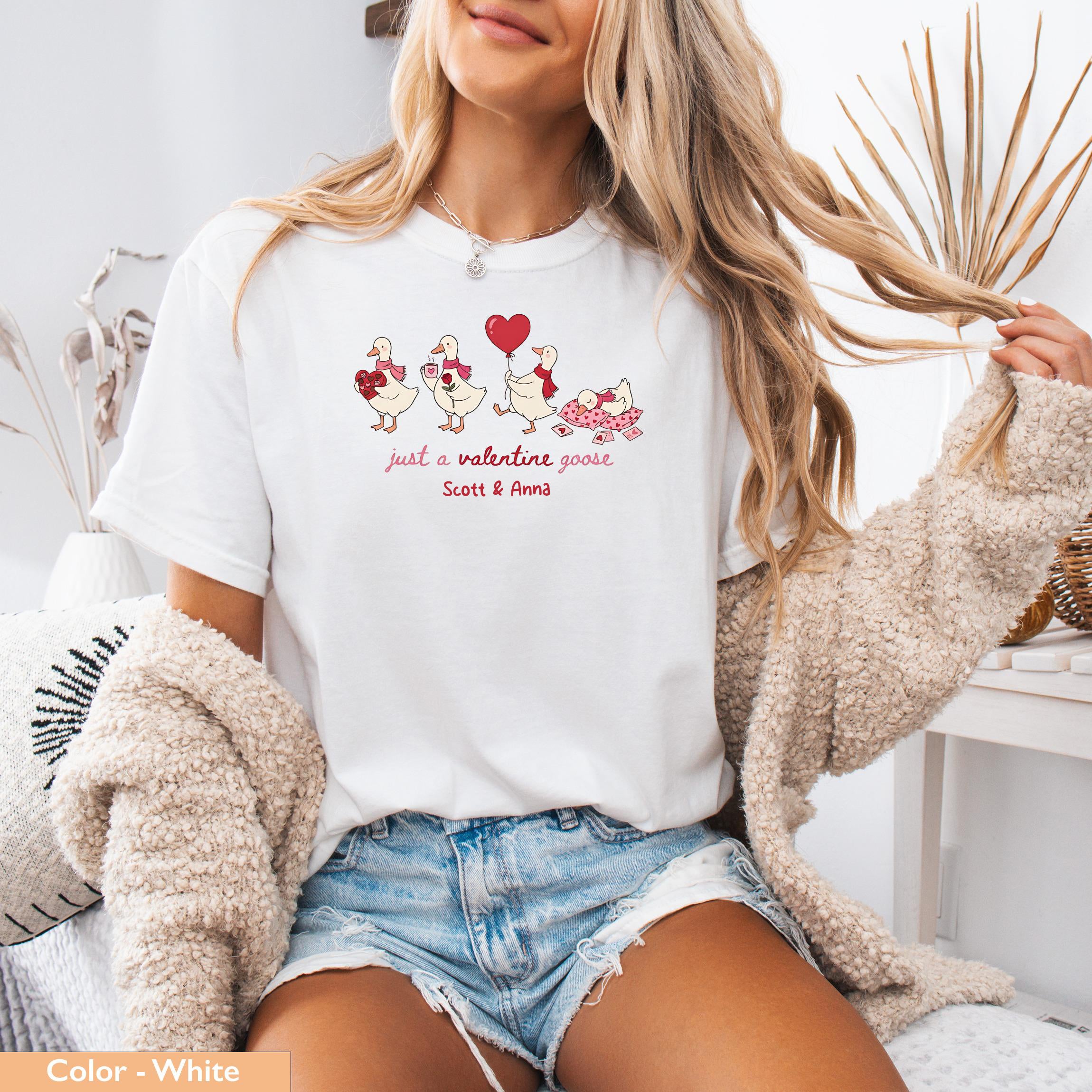 Valentine Goose T-Shirt, Sweetshirt, Cute Animal Valentines Day Gift, Funny Duck Lover Tee, Goose Lover, Heart Balloon, Chocolates