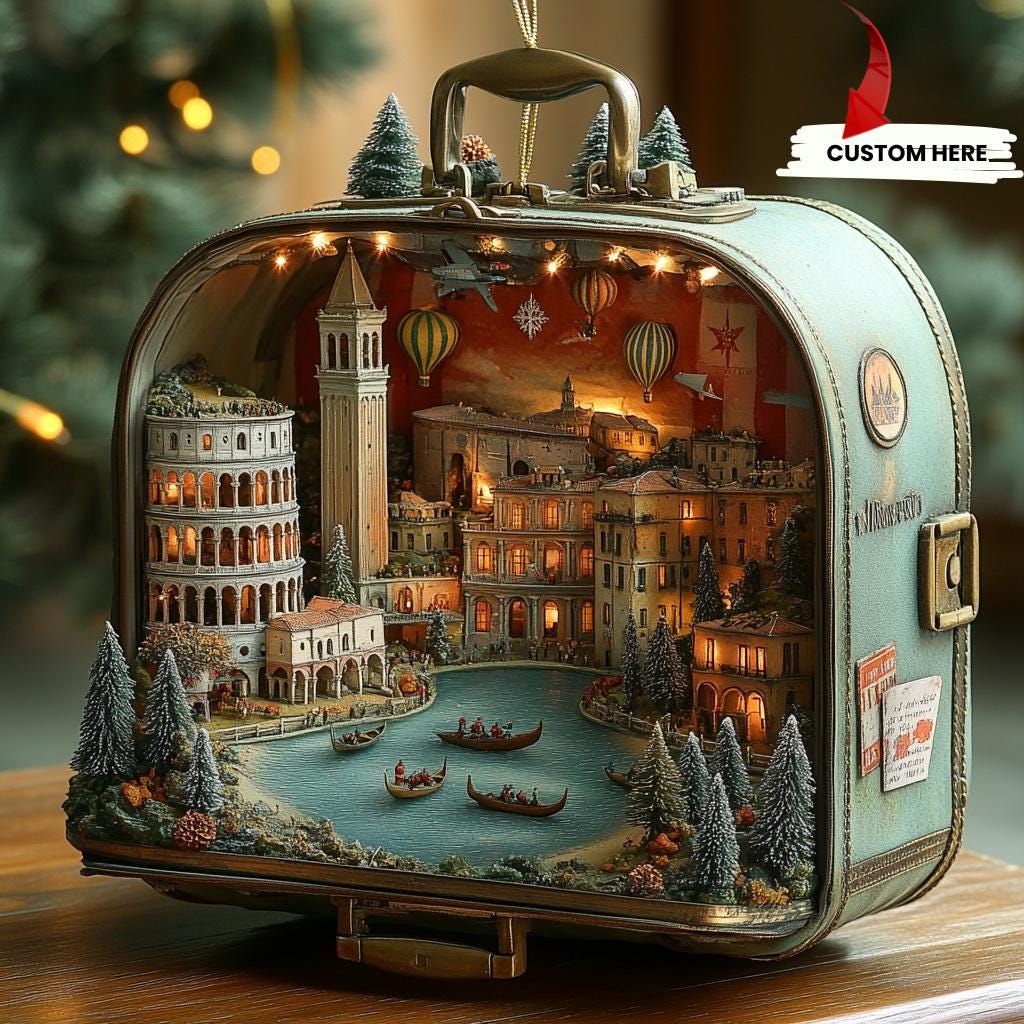 Italian City Suitcase Ornament – Miniature Venice & Rome Christmas Village Scene