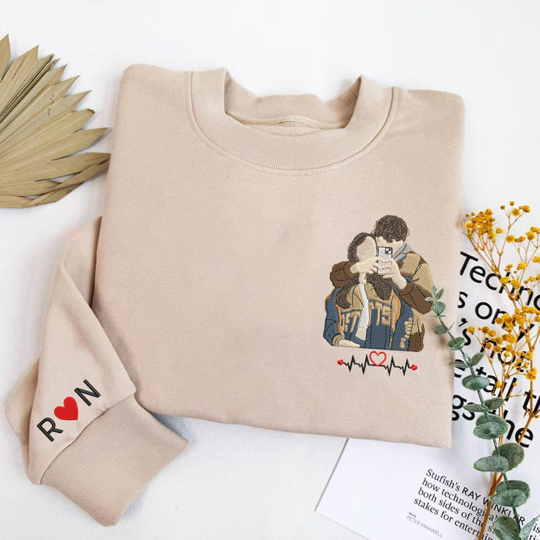 Embroidered Couple Portrait Sweatshirt, Personalized Photo T-Shirt with Initials and Heart Symbol, Embroidered Sweater Gift for Partner