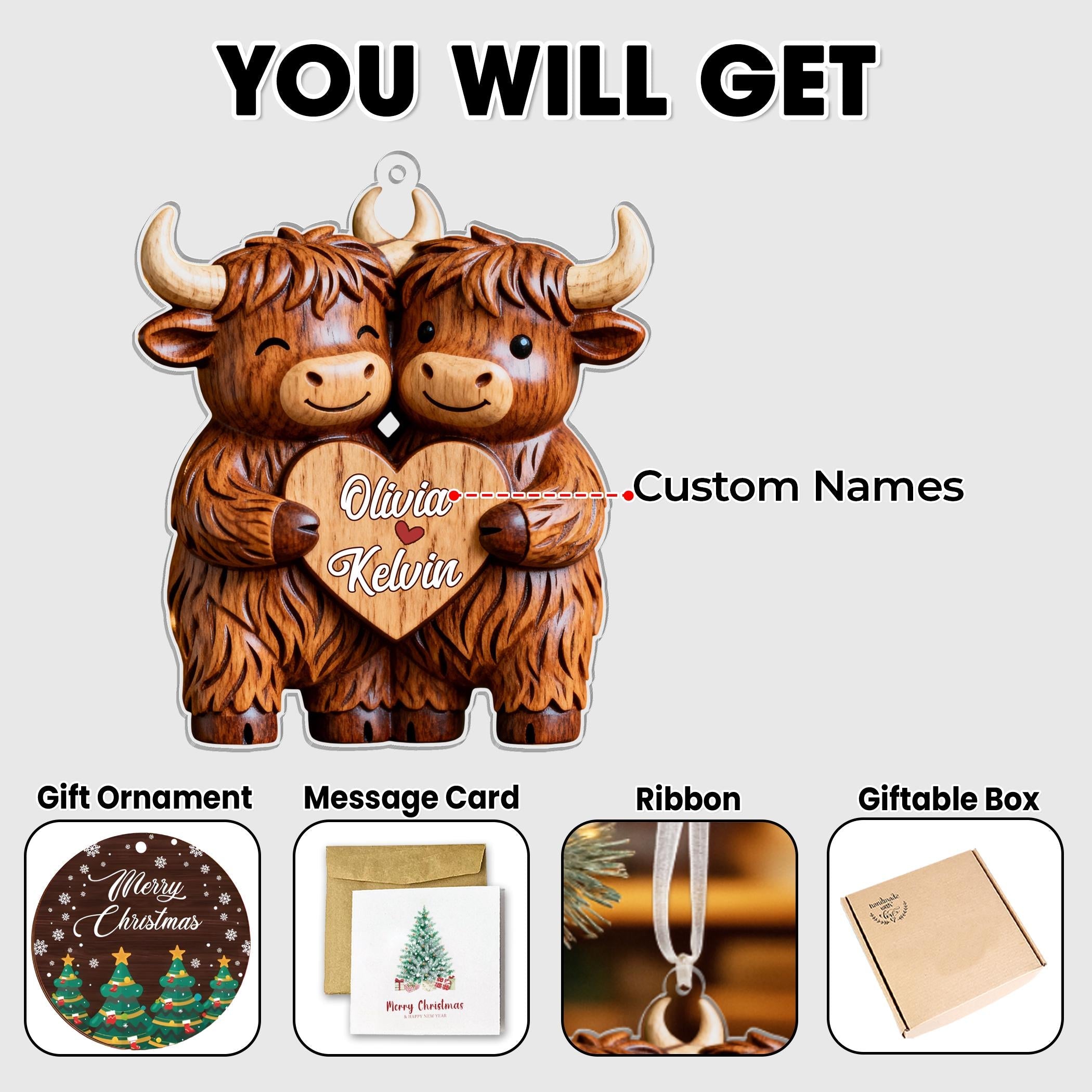 Highland Cowl Couple Acrylic Ornament,Personalized Name Christmas Gift For Couples,Keepsake Christmas 2025,Gift For Her,For Boy,Couple Gift