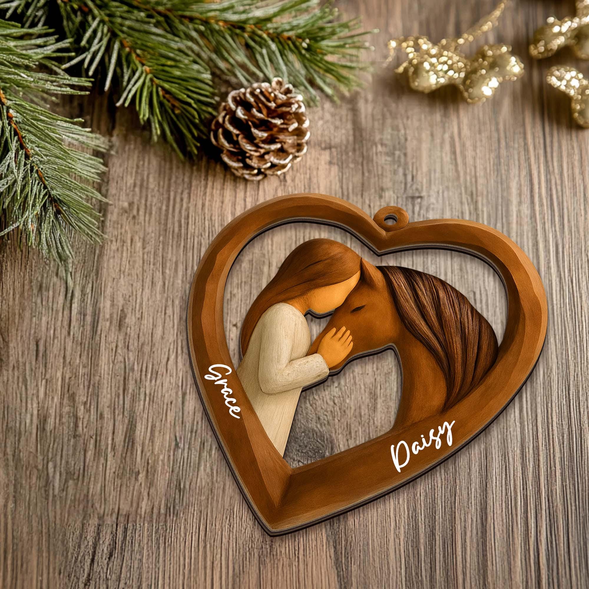 Personalized Horse and Girl Heart 2 layered Wooden Ornament, Carving Horse Lover Acrylic - Wooden Ornament, Gift for Women and Horse Owners