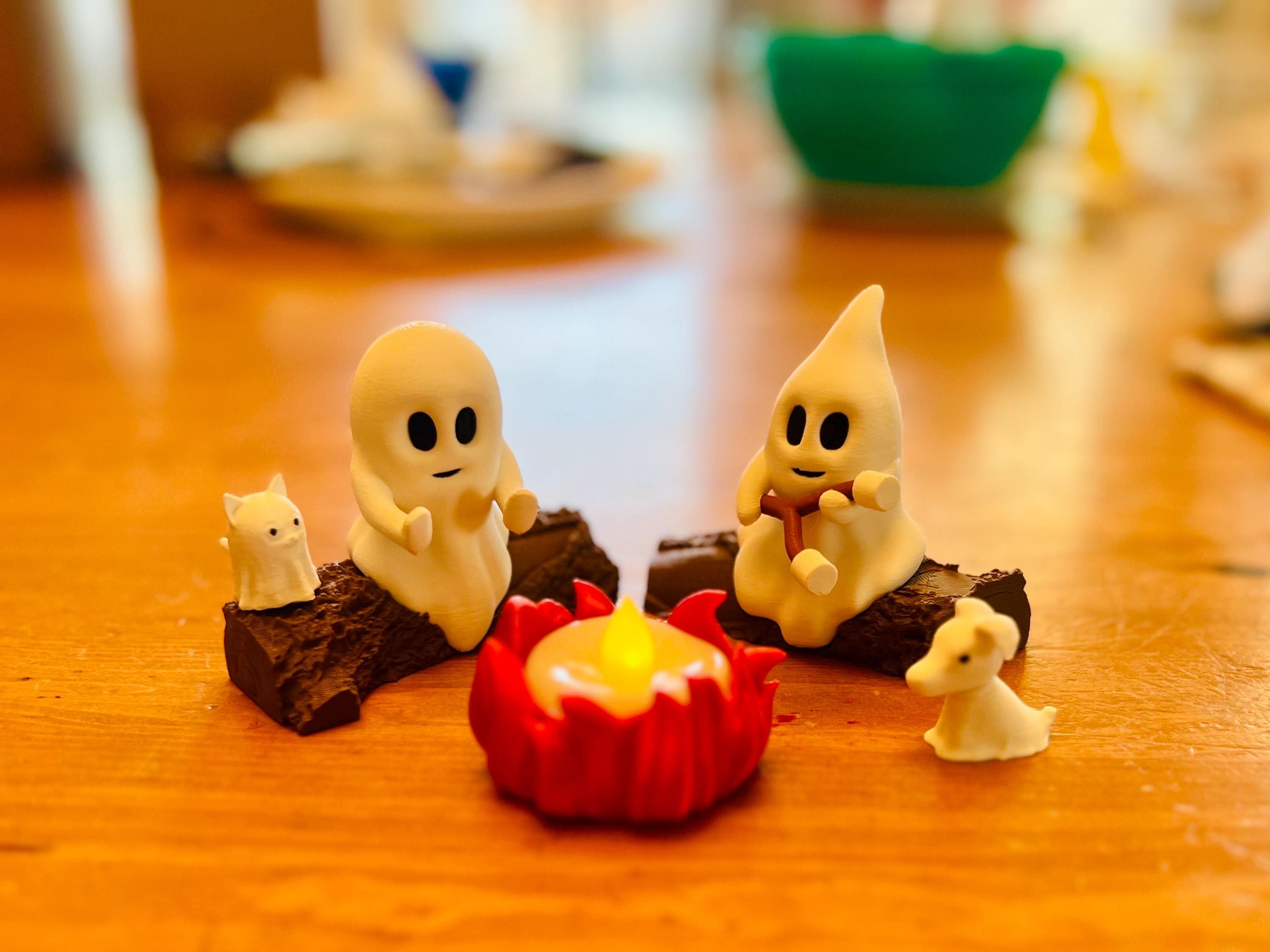 Ghost Campfire Gathering | Spooky Halloween Decor | Cute Ghost Figurine Set | Campfire Display | Haunted Ghost Scene | Ghost adventures
