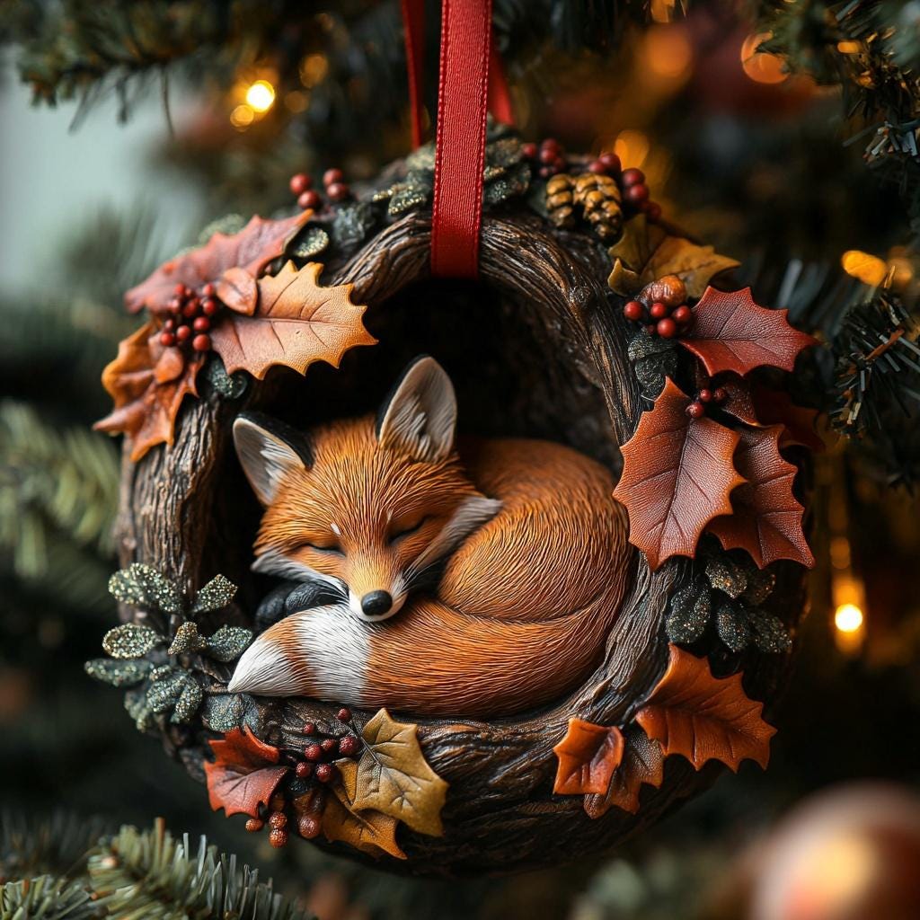 Custom Sleeping Fox Christmas Ornament – Woodland Animal Holiday Tree Decoration