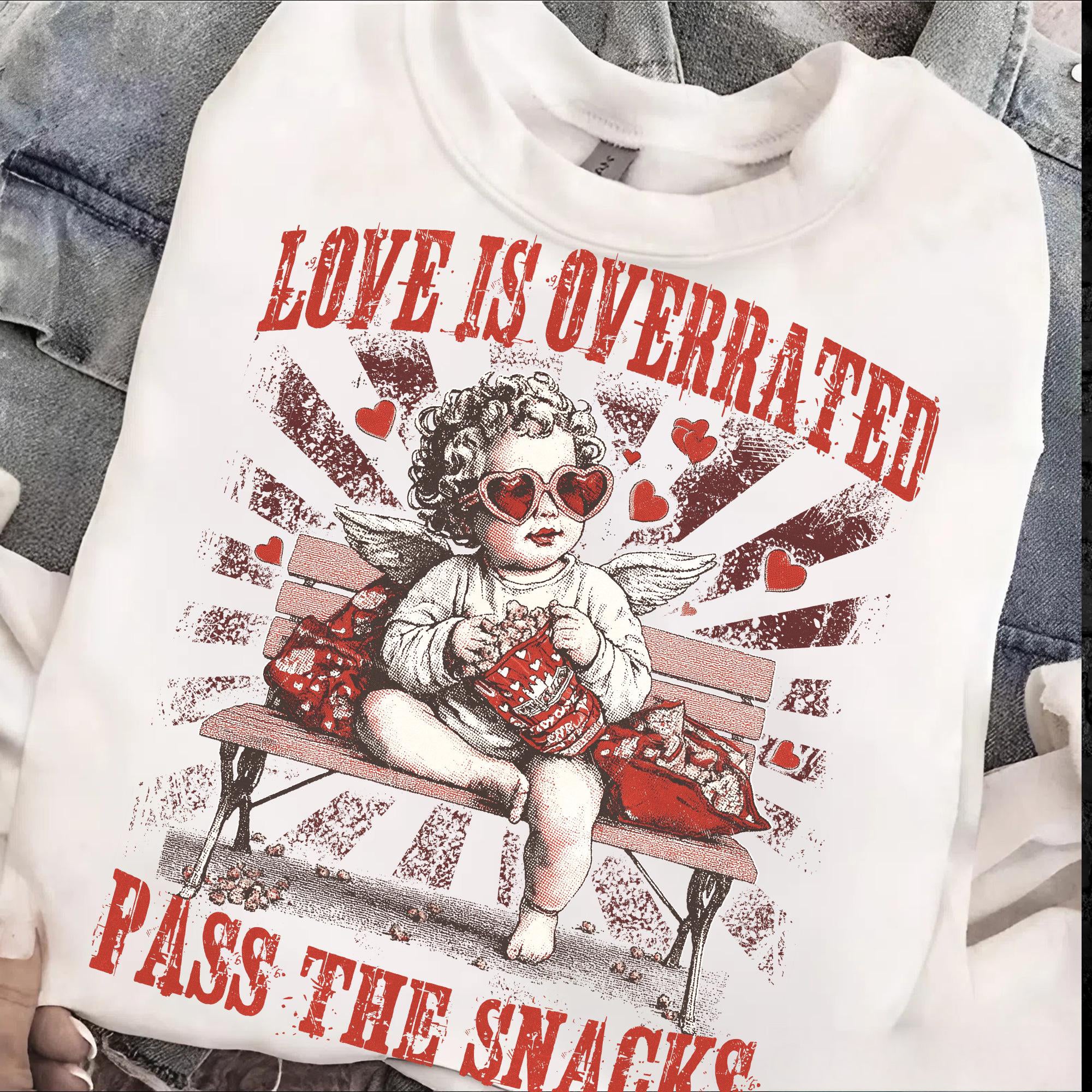 Love is Overrated Pass the Snacks, Funny Valentines, Retro Valentine, Sarcastic Valentine, VDay Cupid Vibes