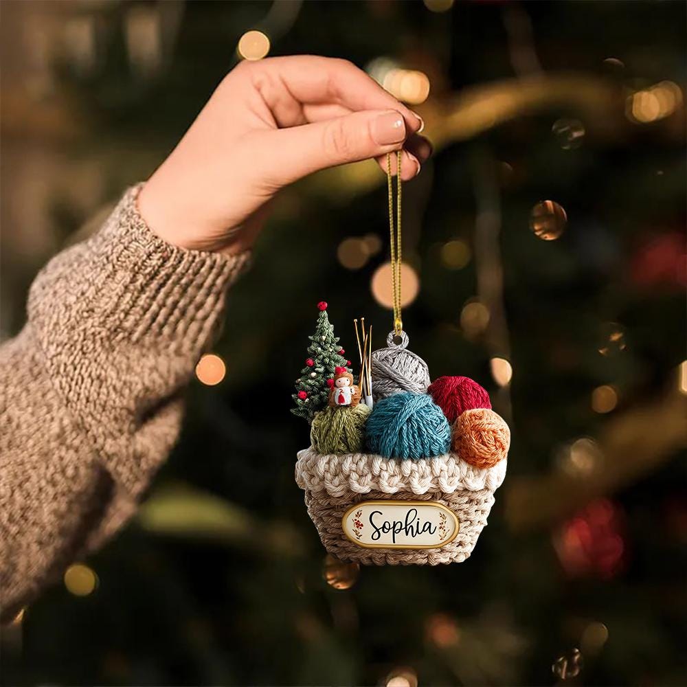 Personalized Knitting Basket Christmas Ornament, 2D Flat Acrylic Yarn Decor for Knitters, Crochet Lover Holiday Gift 2025, Knitting Gift