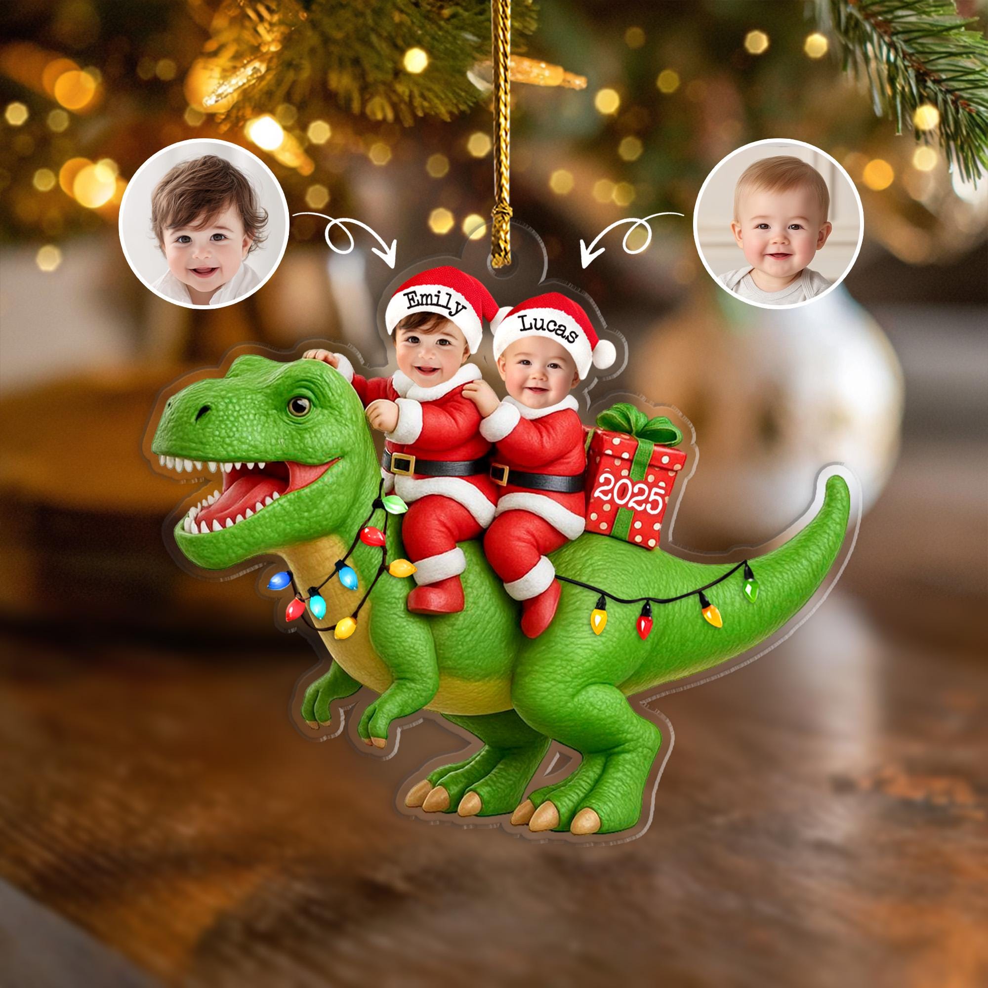 Personalized Dinosaur Christmas Ornament 2025, Custom Kids Photo Ornament, Baby Face Ornament, Grandkids Ornament, Christmas Decoration