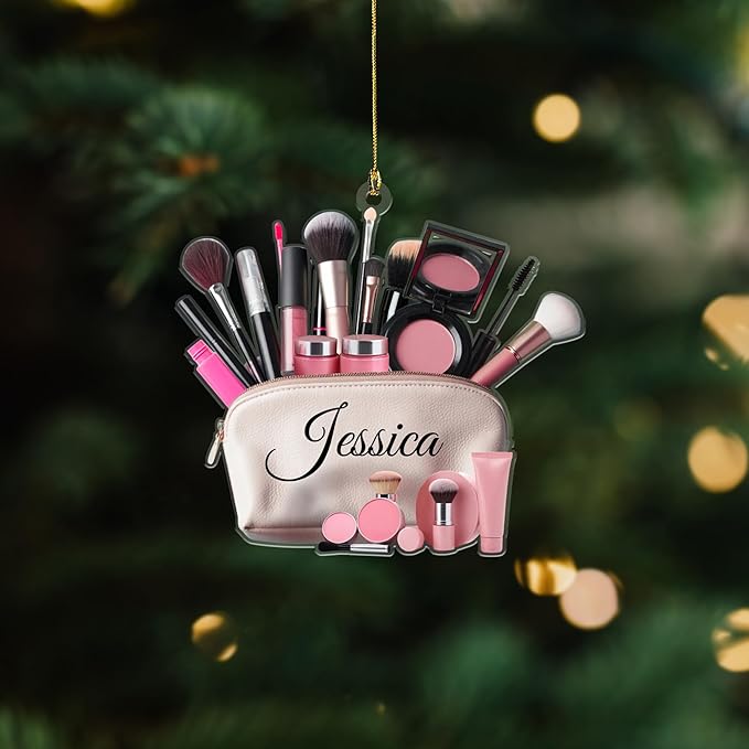 Personalized 2D Flat Style Custom Name Makeup Ornament, 2024 Christmas Keepsake for Teen Girls, MUA Xmas Gift, Custom Beauty Set for Makeup Artists