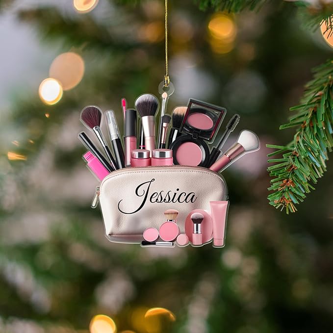 Personalized 2D Flat Style Custom Name Makeup Ornament, 2024 Christmas Keepsake for Teen Girls, MUA Xmas Gift, Custom Beauty Set for Makeup Artists
