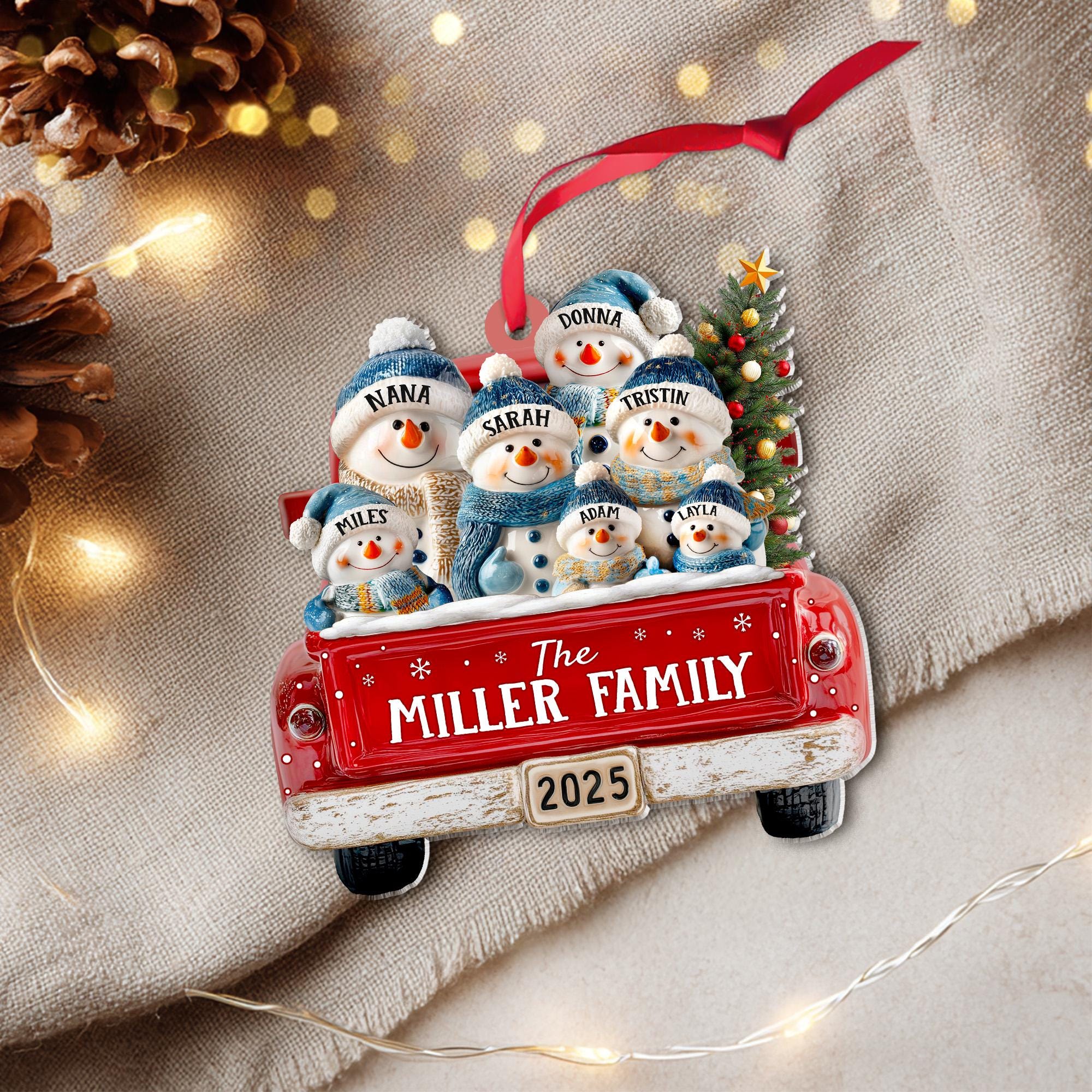 Personalized Snowman Family Ornament, Custom Family Of 3 4 5 6 Christmas Ornament, Red Truck Christmas Ornament, Christmas Tree Decor