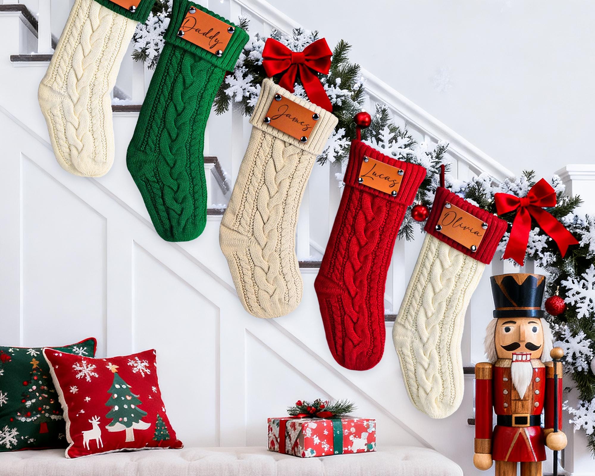 Personalized Christmas Stockings, 2025 Custom Stocking with Name, Knitted Stockings, Engraved Leather Patch Stockings