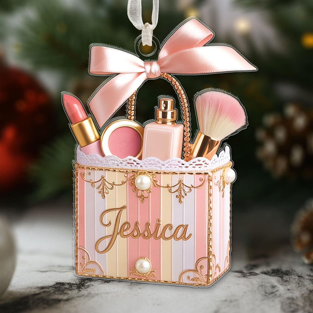 Custom Makeup Ornament with Name, Personalized Beauty Brush Christmas Tree Decoration – Special Gift for Makeup Lovers, Her