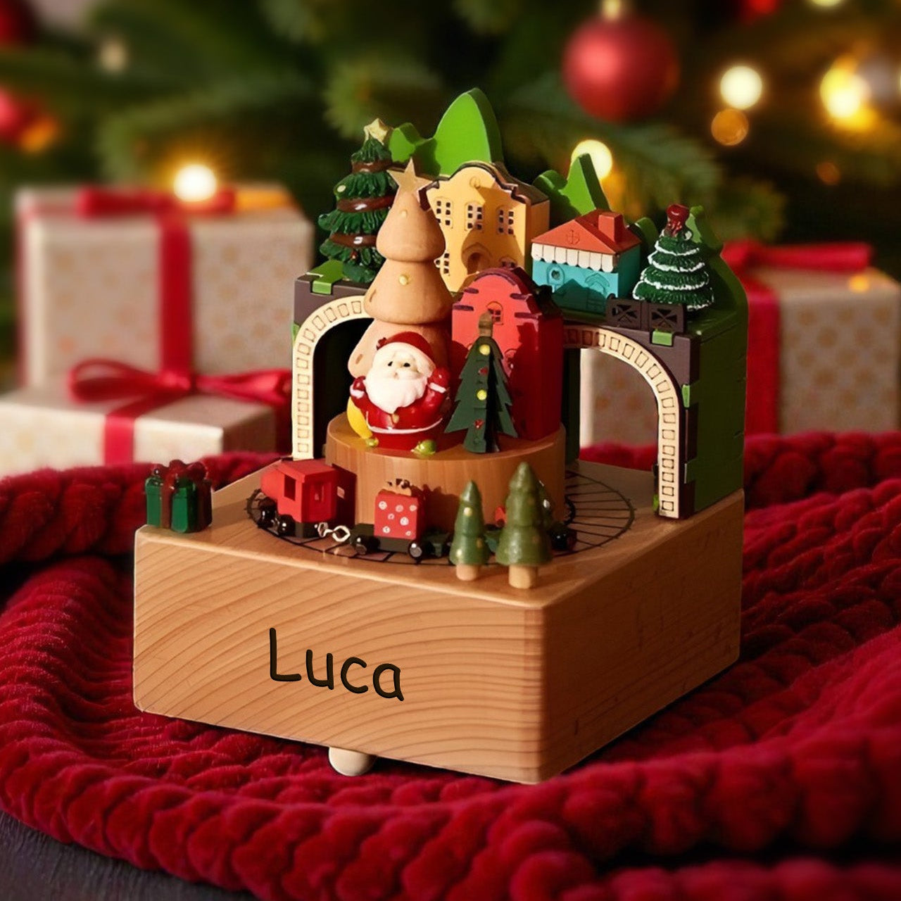 Wooden Christmas Train Castle Music Box, Personalized Engraved Keepsake Carousel Music Box