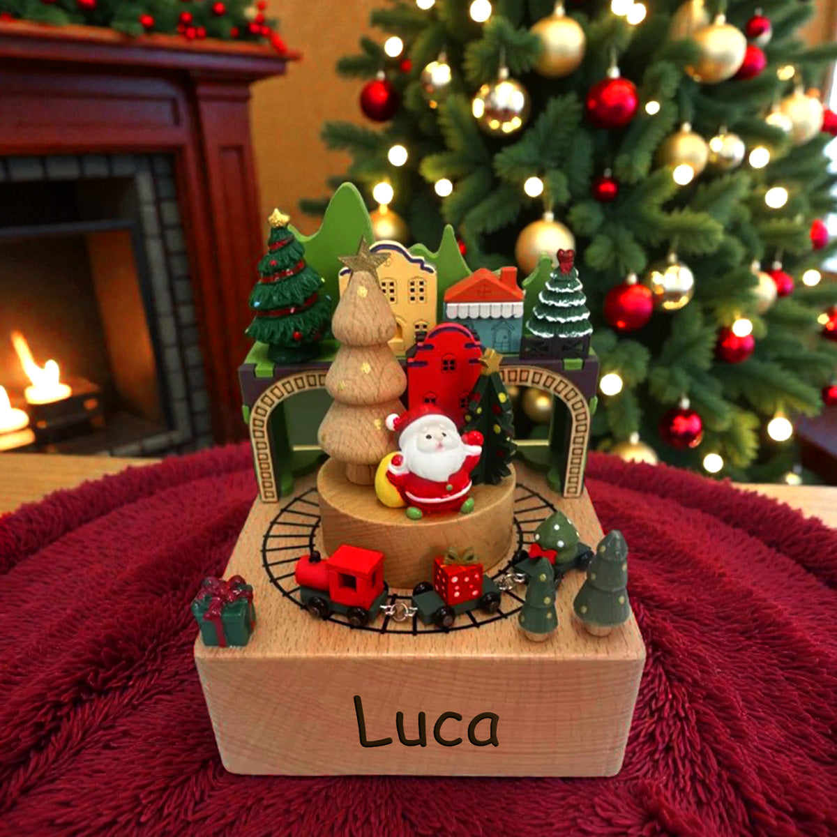 Wooden Christmas Train Castle Music Box, Personalized Engraved Keepsake Carousel Music Box