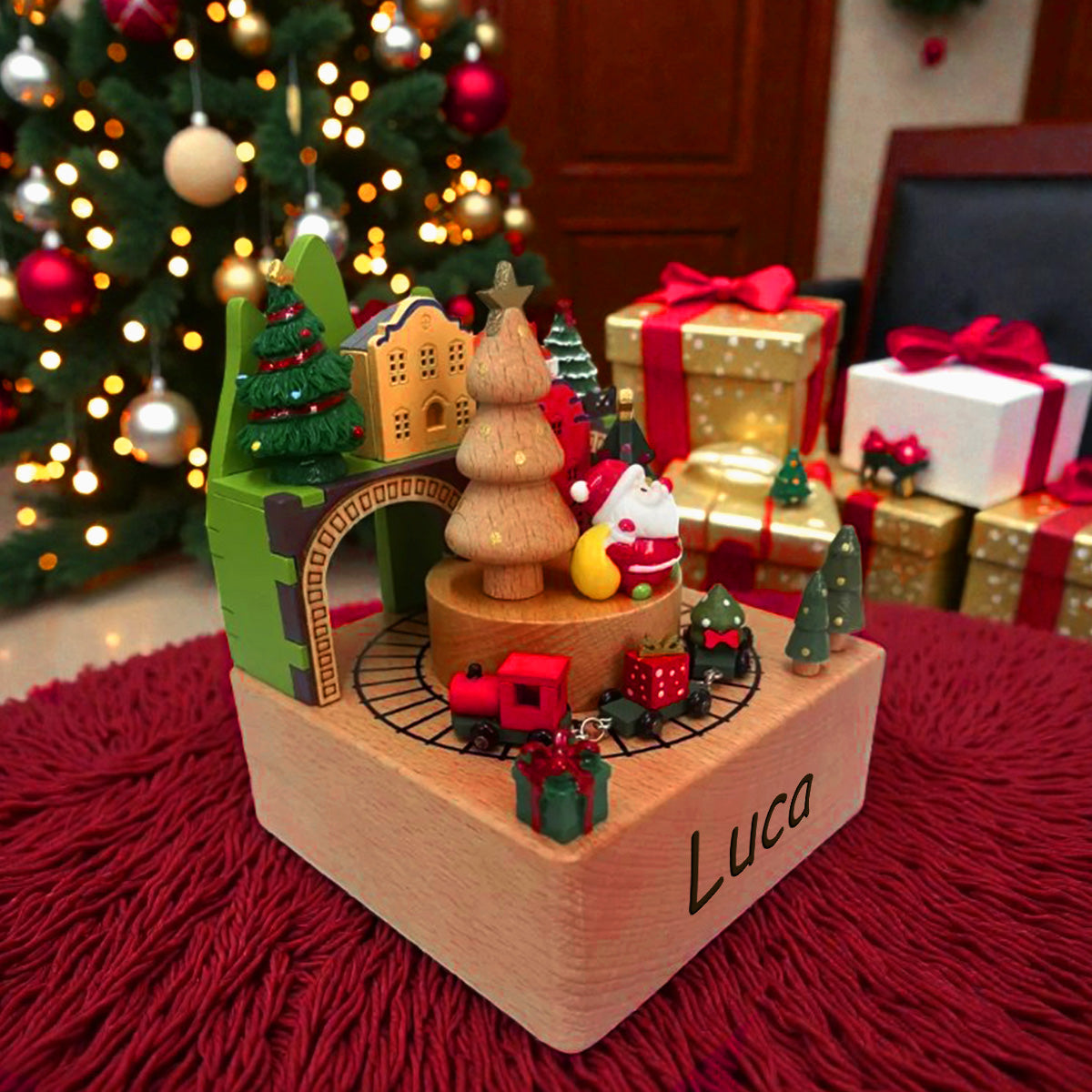 Wooden Christmas Train Castle Music Box, Personalized Engraved Keepsake Carousel Music Box