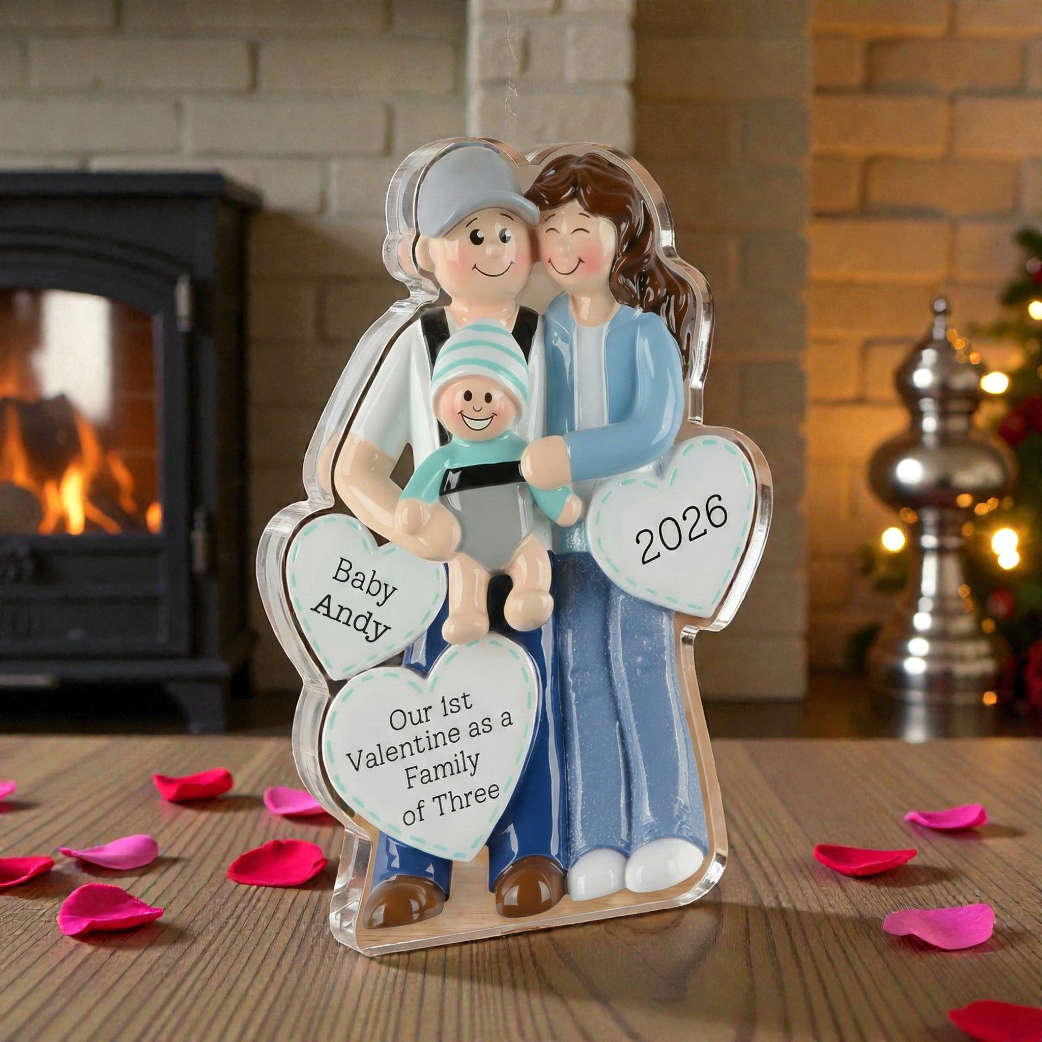 Mom Dad Holding Baby 2 - Our 1st valentine Family of 3 - Personalized Acrylic Block Plaque