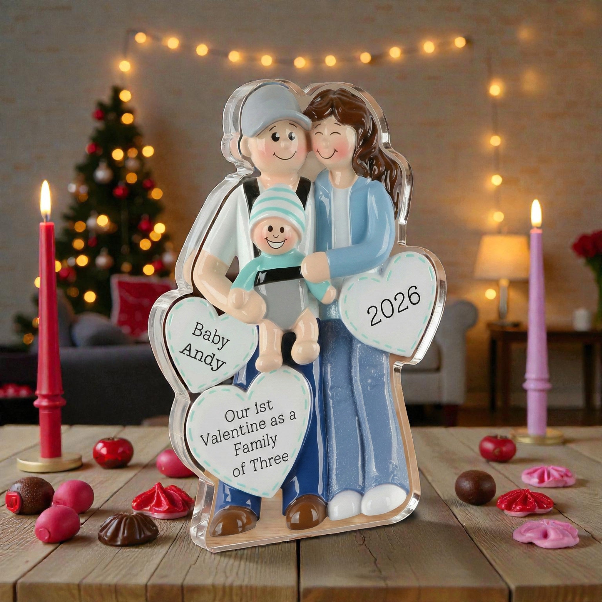 Mom Dad Holding Baby 2 - Our 1st valentine Family of 3 - Personalized Acrylic Block Plaque