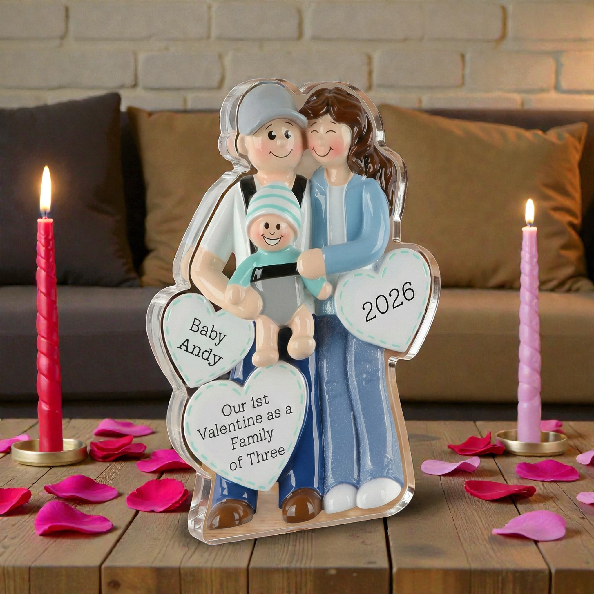 Mom Dad Holding Baby 2 - Our 1st valentine Family of 3 - Personalized Acrylic Block Plaque