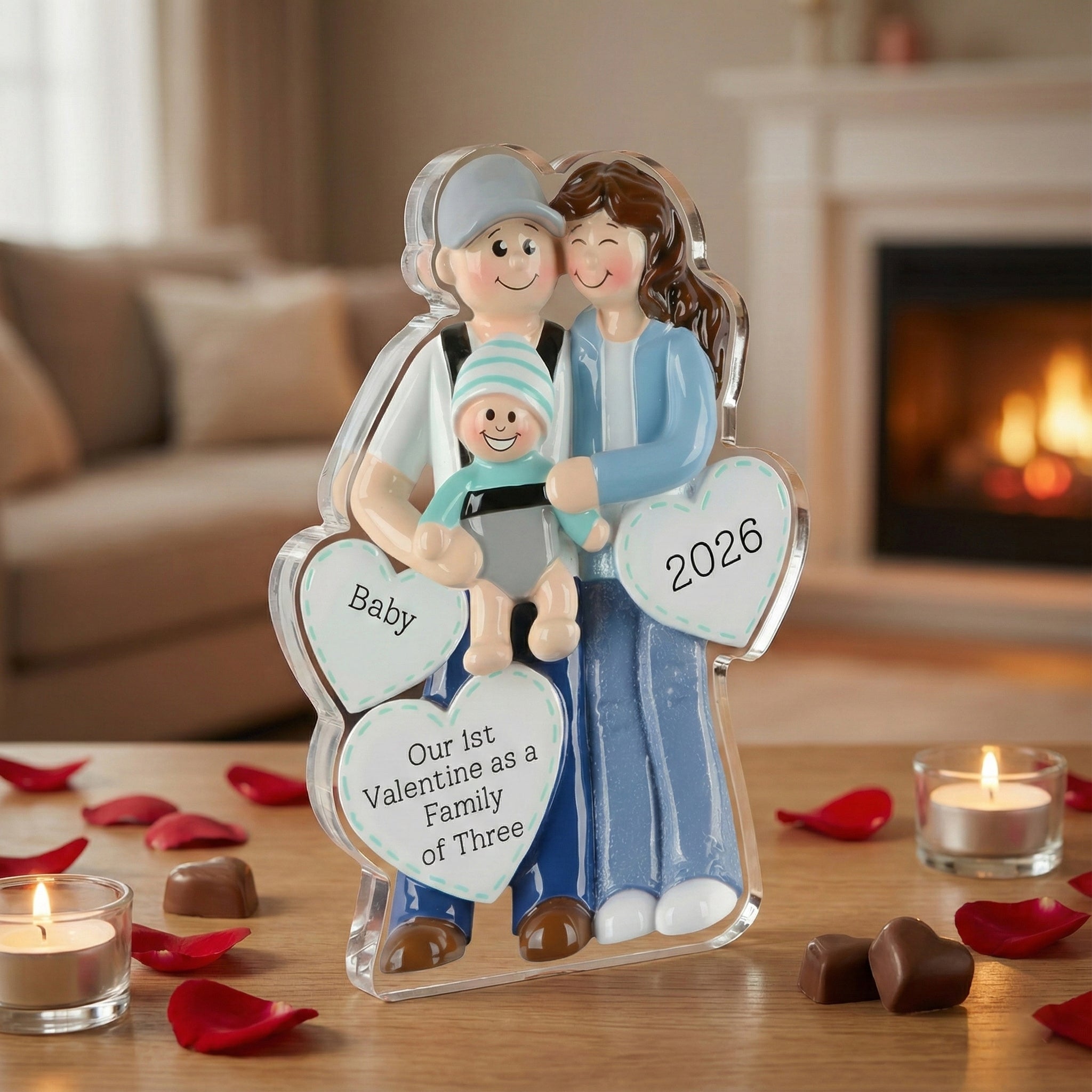 Mom Dad Holding Baby 2 - Our 1st valentine Family of 3 - Personalized Acrylic Block Plaque