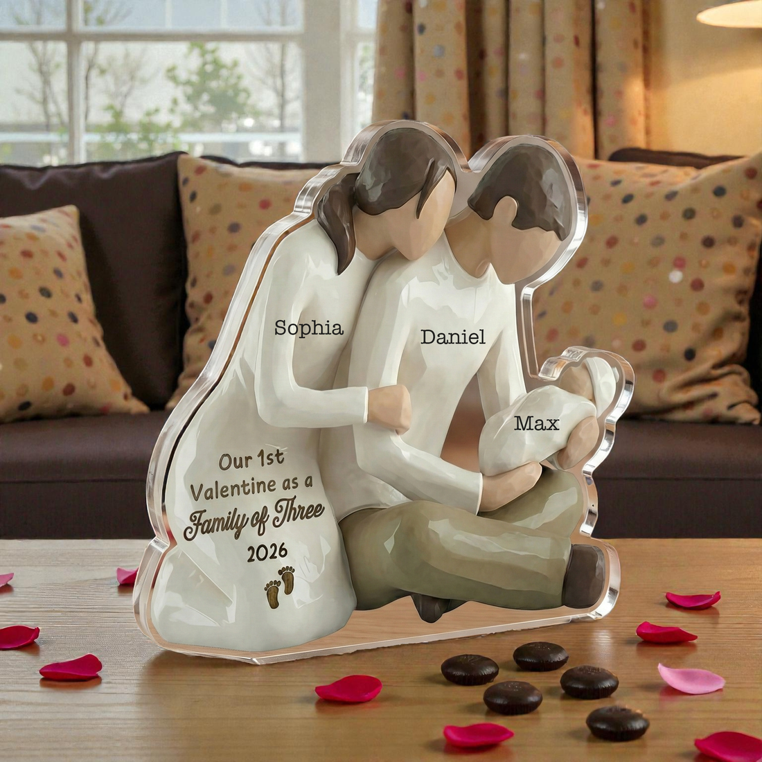 Mom Dad Holding Baby 3- Our 1st valentine Family of 3 - Personalized Acrylic Block Plaque