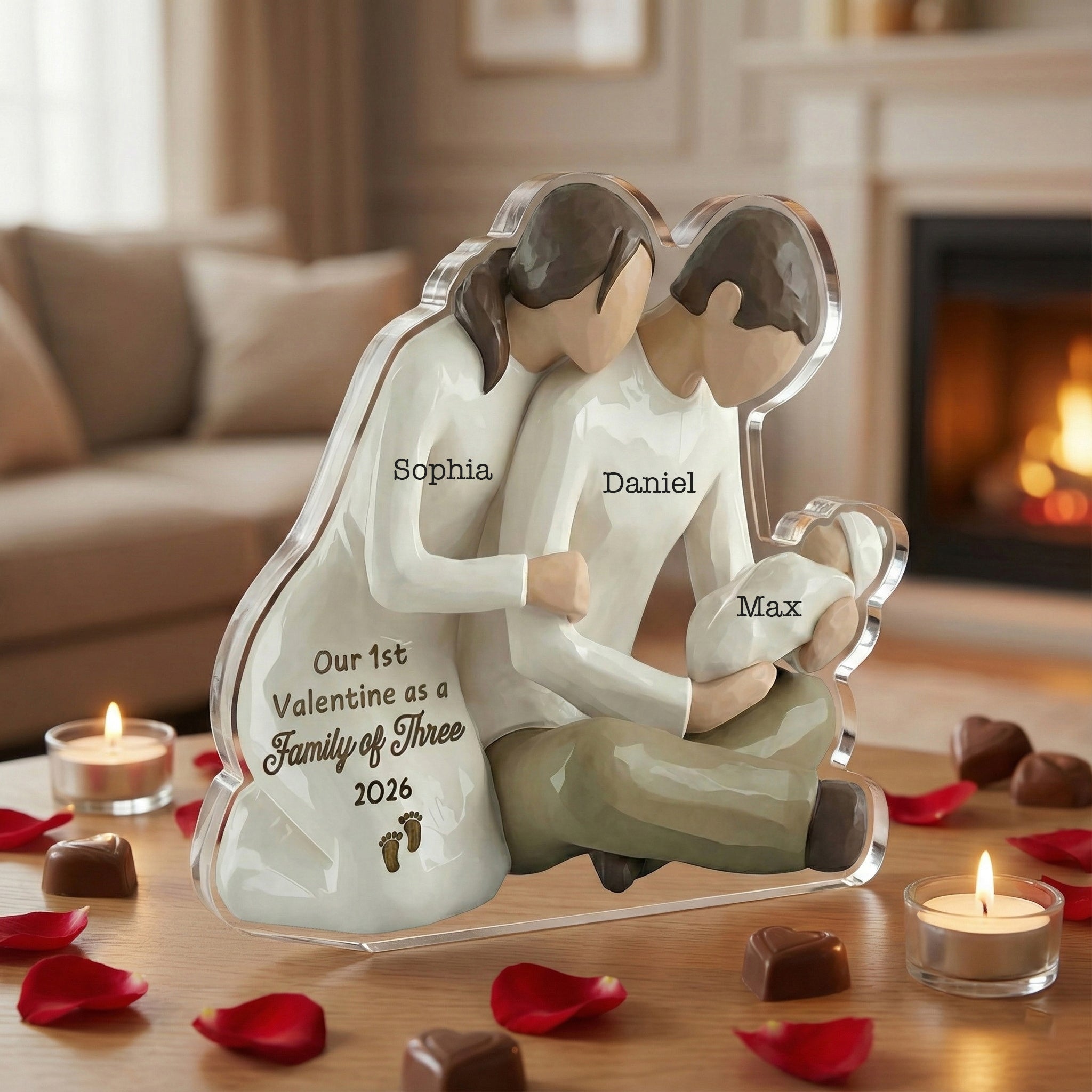 Mom Dad Holding Baby 3- Our 1st valentine Family of 3 - Personalized Acrylic Block Plaque