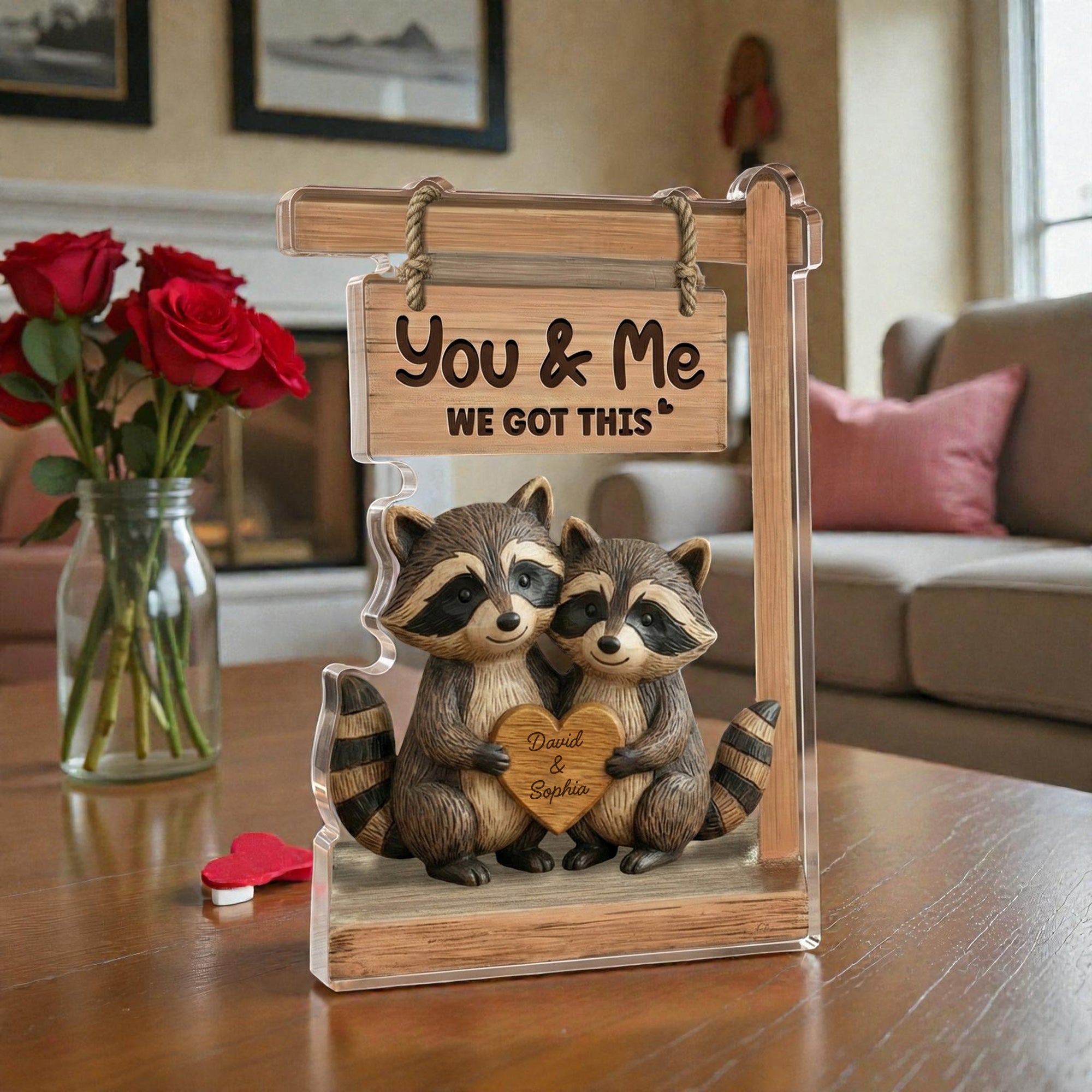 Racoon Couple - We got this - Personalized Acrylic Block Plaque