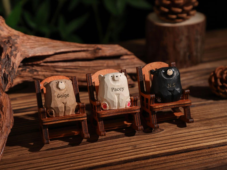 Custom Name Wooden Bears Sculpture, Handmade Wooden Animal Figurine, Home Decor, Wood Pet Figurine, Birthday Gift, Handmade Wooden Gift