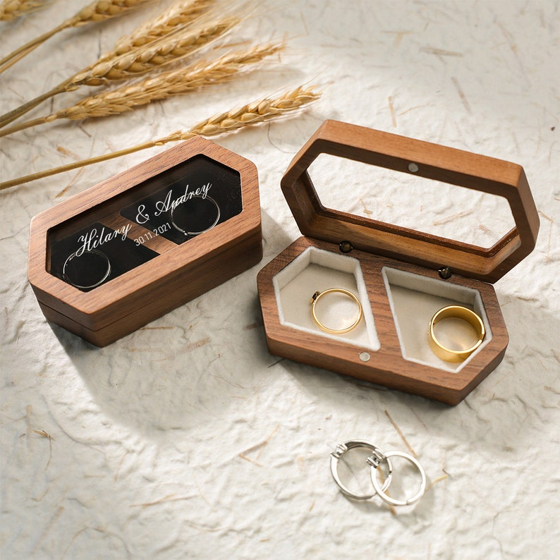 Personalized Wedding Ring Box, Custom Wood Ring Box, Ring Box Holder, Proposal Ring Box, Double Slot Ring Bearer Box, Wood Two Ring Box