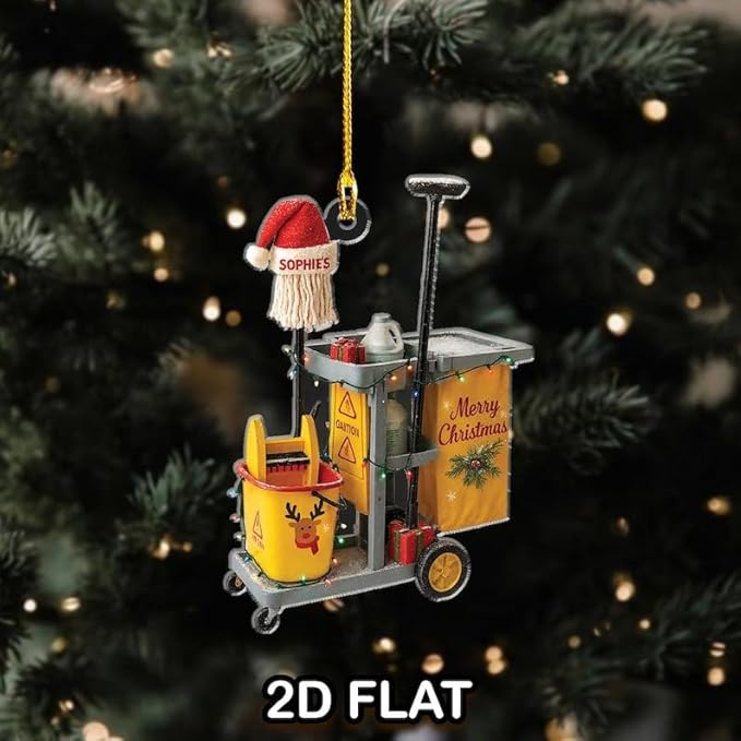 Personalized 2D Janitor Ornament, Custom Cleaning Cart Christmas Decoration, Funny Custodian, Unique Housekeeper Xmas Ornament