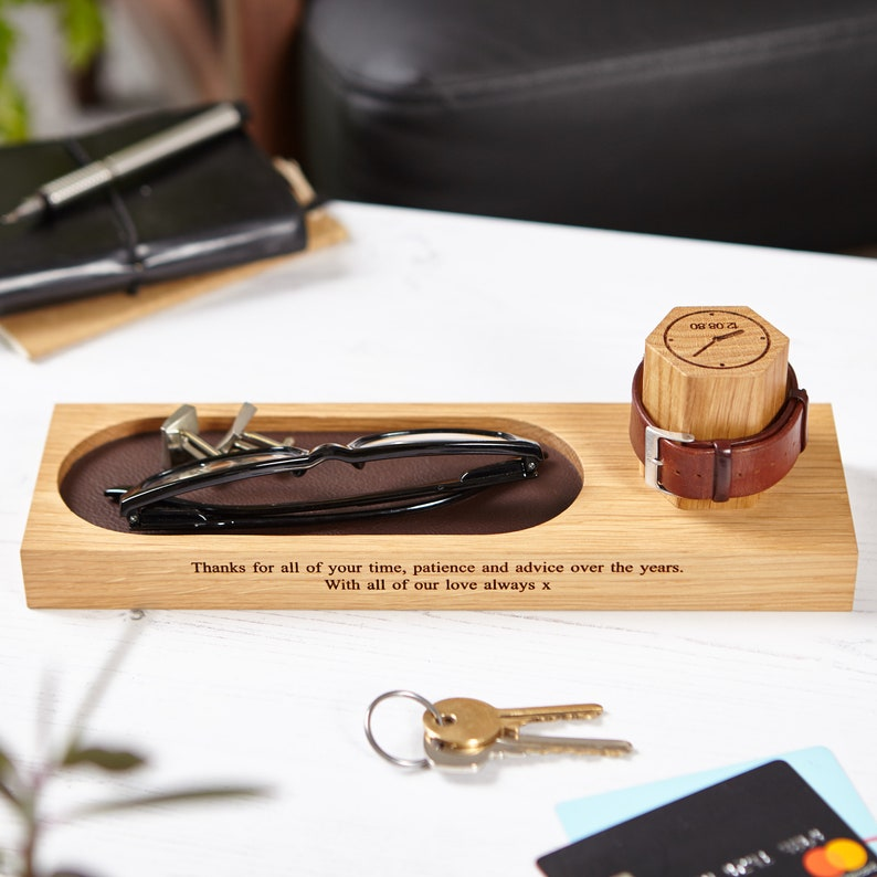Personalized Oak Watch Stand and Glasses Tray: Leather Valet Tray