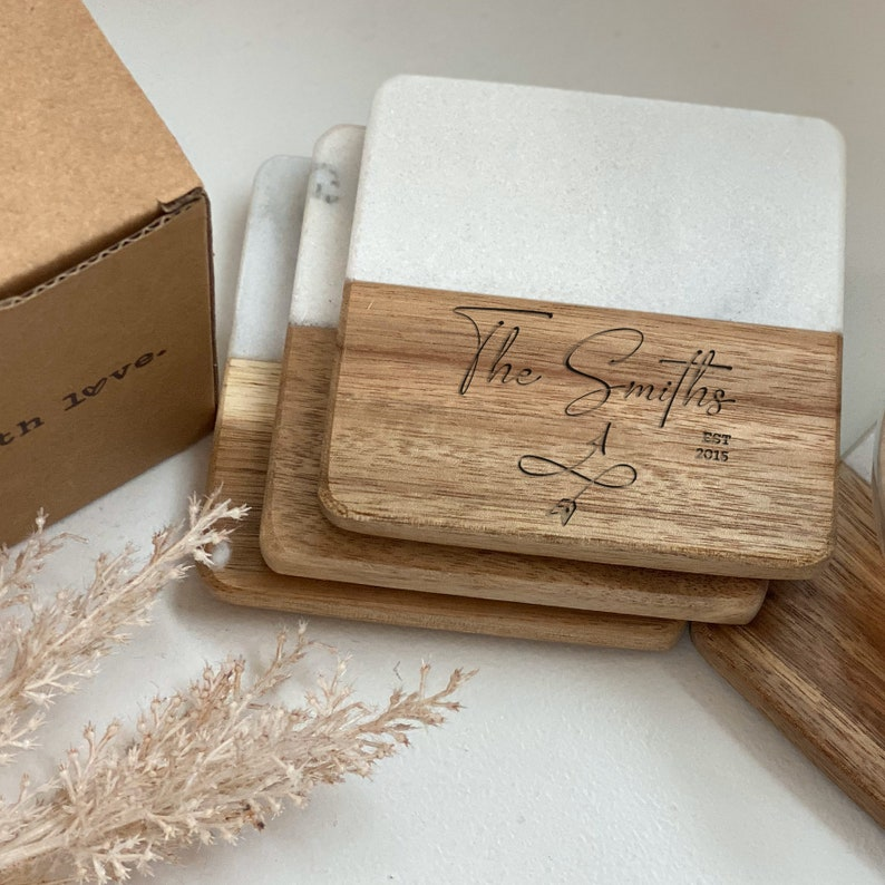 Engraved Custom Coasters, Personalized Round Coaster Set, Housewarming Gift, Personalized Anniversary Gift, Marble Wood Drink Coasters