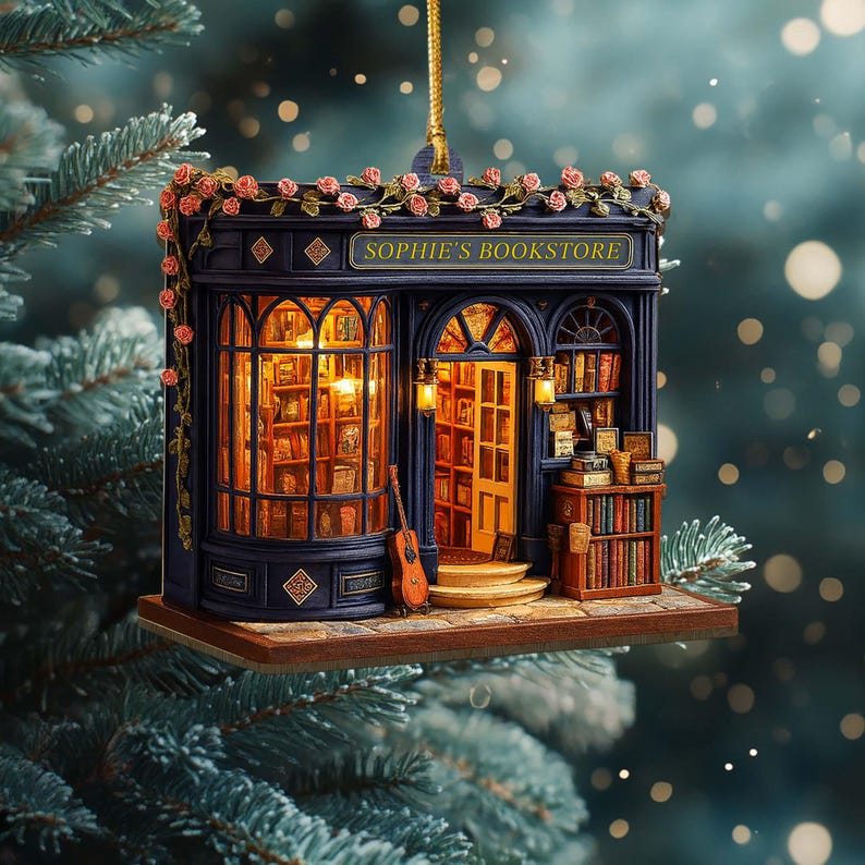 Personalized Bookstore Christmas Ornament 2025, Custom Book Store 2d Flat Wooden Ornament, Gift for Book Lovers,Bookshelf Christmas Ornament