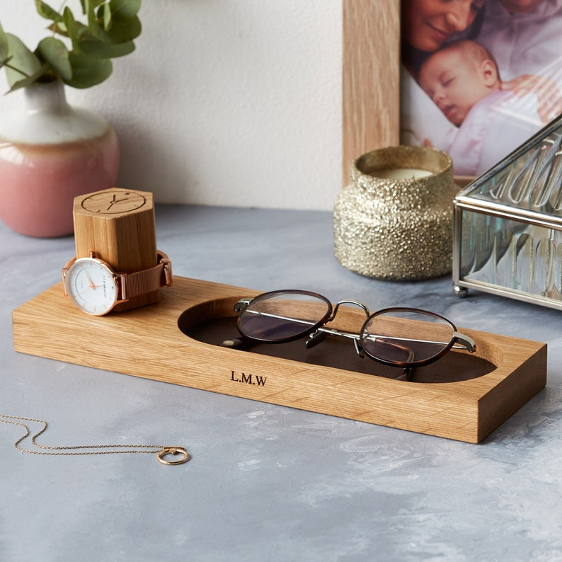 Personalized Oak Watch Stand and Glasses Tray: Leather Valet Tray