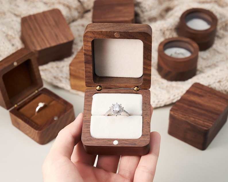 Personalized Engraving Wooden Ring Box, Proposal Engagement Ring Box with Name, Wedding Ring Bearer, Anniversary Gift, Engrave Ring Box