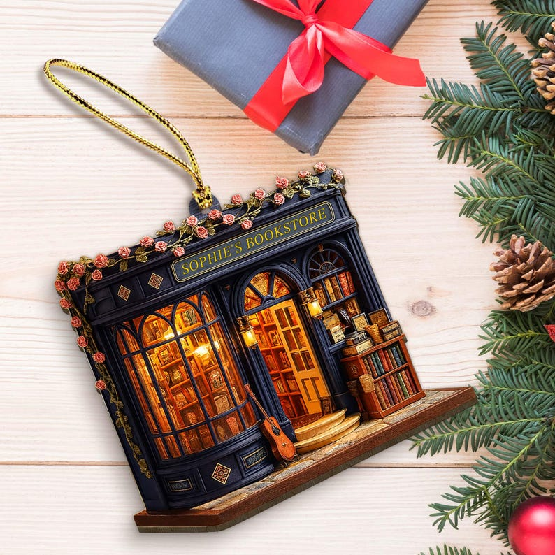 Personalized Bookstore Christmas Ornament 2025, Custom Book Store 2d Flat Wooden Ornament, Gift for Book Lovers,Bookshelf Christmas Ornament