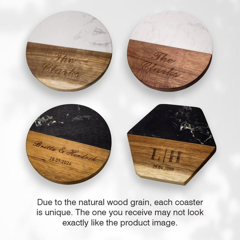 Custom Marble Wooden Coaster, Wedding Favors Bulk Engraved Coasters, Personalized Gift for Housewarming, Anniversary, Gifts for Newlyweds