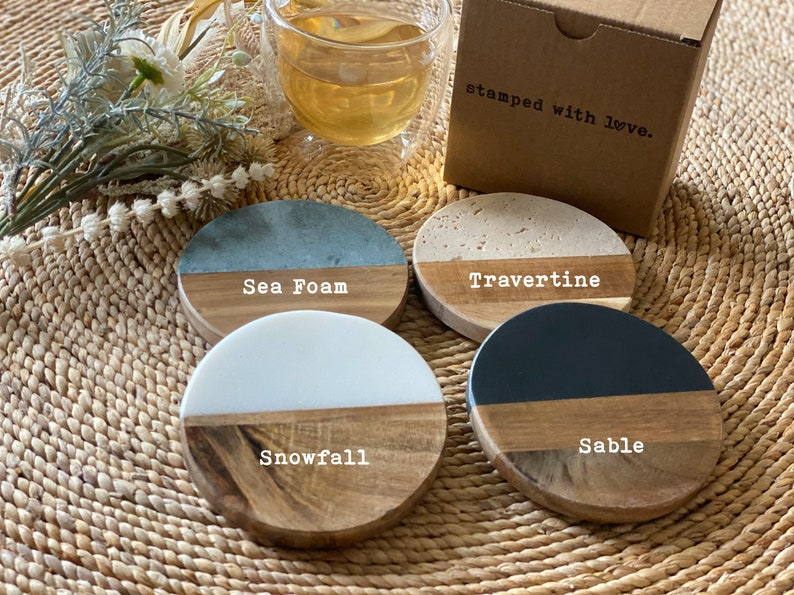 Engraved Custom Coasters, Personalized Round Coaster Set, Housewarming Gift, Personalized Anniversary Gift, Marble Wood Drink Coasters