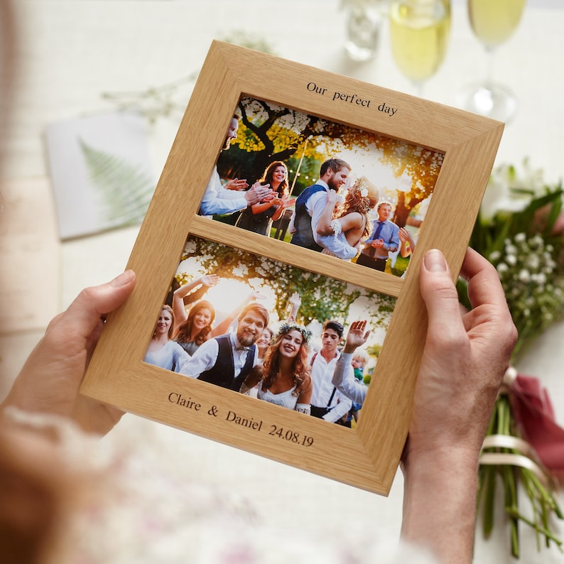 Oak Double Aperture 6"x4" or 7"x5" Personalised Photo Frame / Wedding Photo Frame / Gifts for Couples Frame / Split Photo Frame