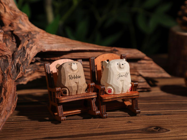 Custom Name Wooden Bears Sculpture, Handmade Wooden Animal Figurine, Home Decor, Wood Pet Figurine, Birthday Gift, Handmade Wooden Gift