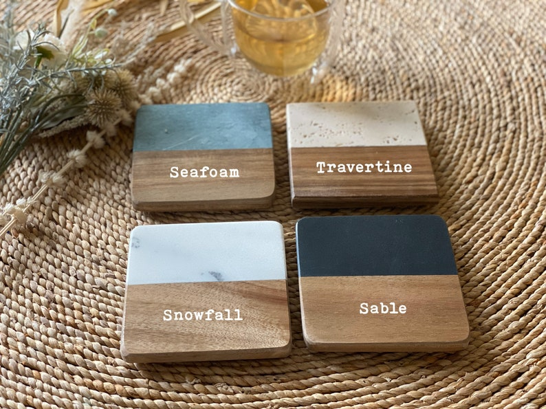 Engraved Custom Coasters, Personalized Round Coaster Set, Housewarming Gift, Personalized Anniversary Gift, Marble Wood Drink Coasters